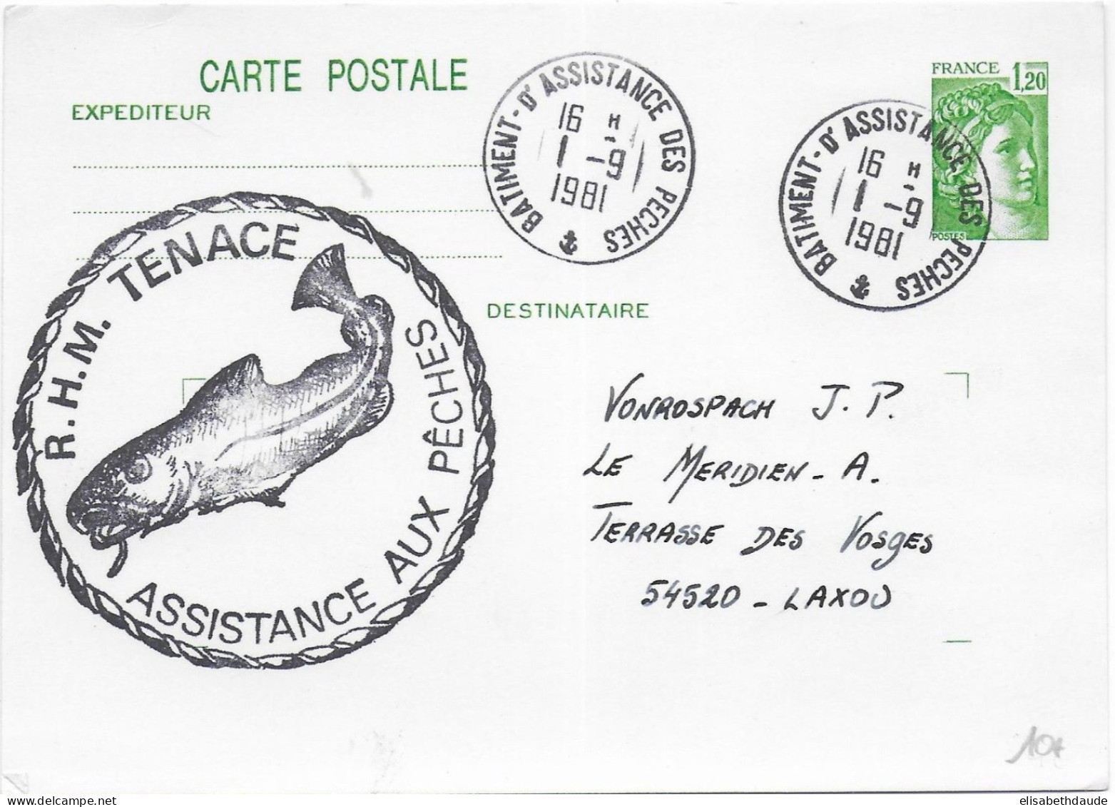 TAAF - 1981 - CARTE ENTIER SABINE GANDON Du BATIMENT D'ASSISTANCE Des PECHES R.H.M TENACE - Maritime Post