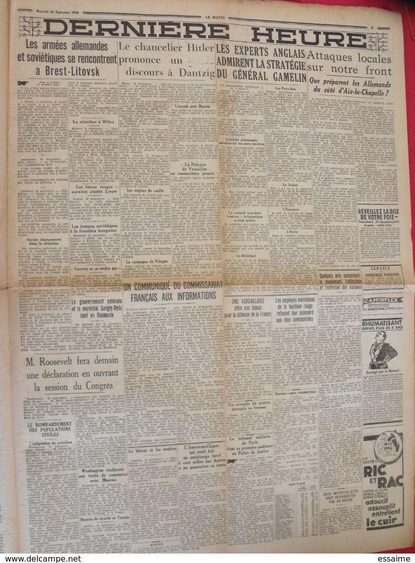 Journal Le Matin Du 20 Septembre 1939. Pologne Varsovie Guerre Censure Gamelin - Other & Unclassified