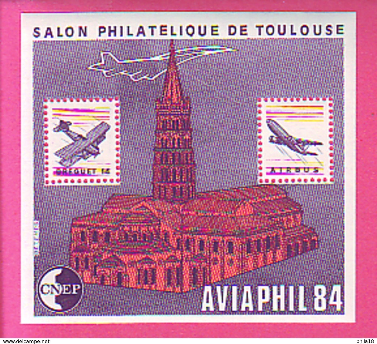 BLOC CNEP N° 5A - 5 A  SALON PHILATELIQUE DE TOULOUSE AVIAPHIL 1984 VARIETE TYPE 2 TOIT COUPE AIRBUS BREGUET 14 - CNEP