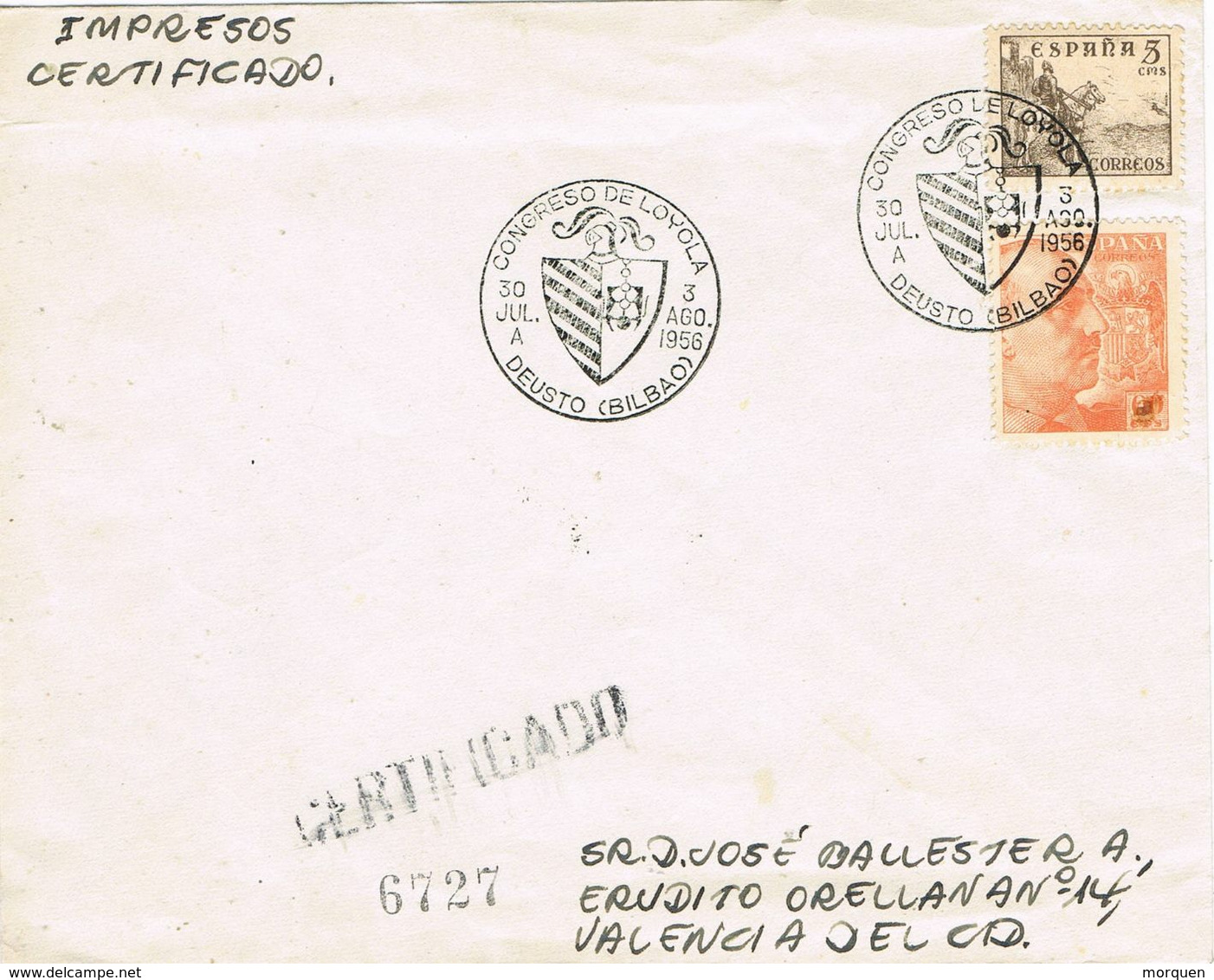 37297. Cartra Certificada DEUSTO (Bilbao) 1956. Congreso De Loyola A Valencia - Briefe U. Dokumente
