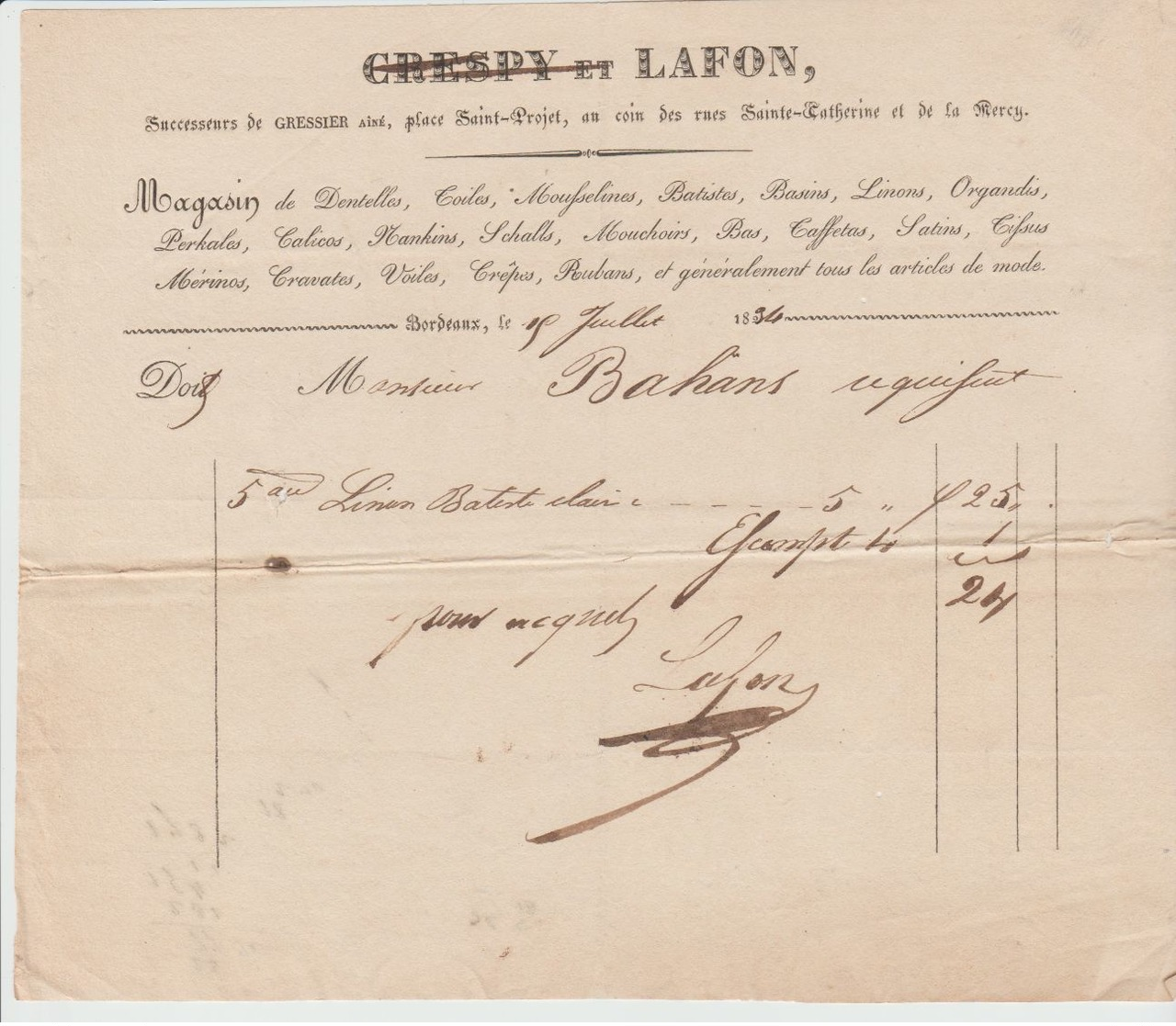 BORDEAUX: CRESPY & LAFON, Dentelles, Organdis, Perkales ... Pl St Projet / Fact. De 1834 - Textile & Clothing