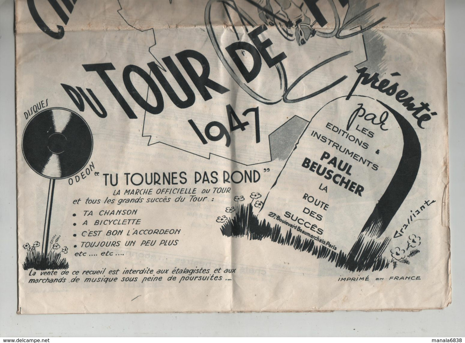 Recueil Des Chansons Officielles Du Tour De France 1947 Editions Beuscher - Cyclisme