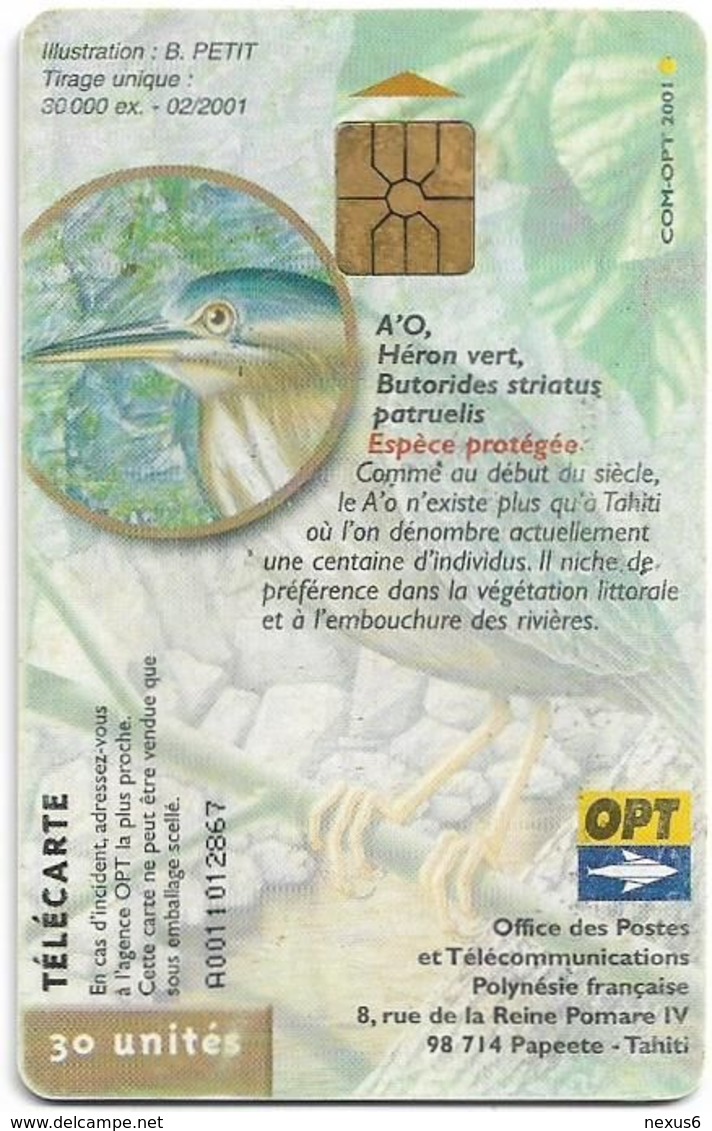 French Polynesia - OPT - Butorides Striatus Patruelis, Bird, 02.2001, 30Units, 30.000ex, Used - Französisch-Polynesien