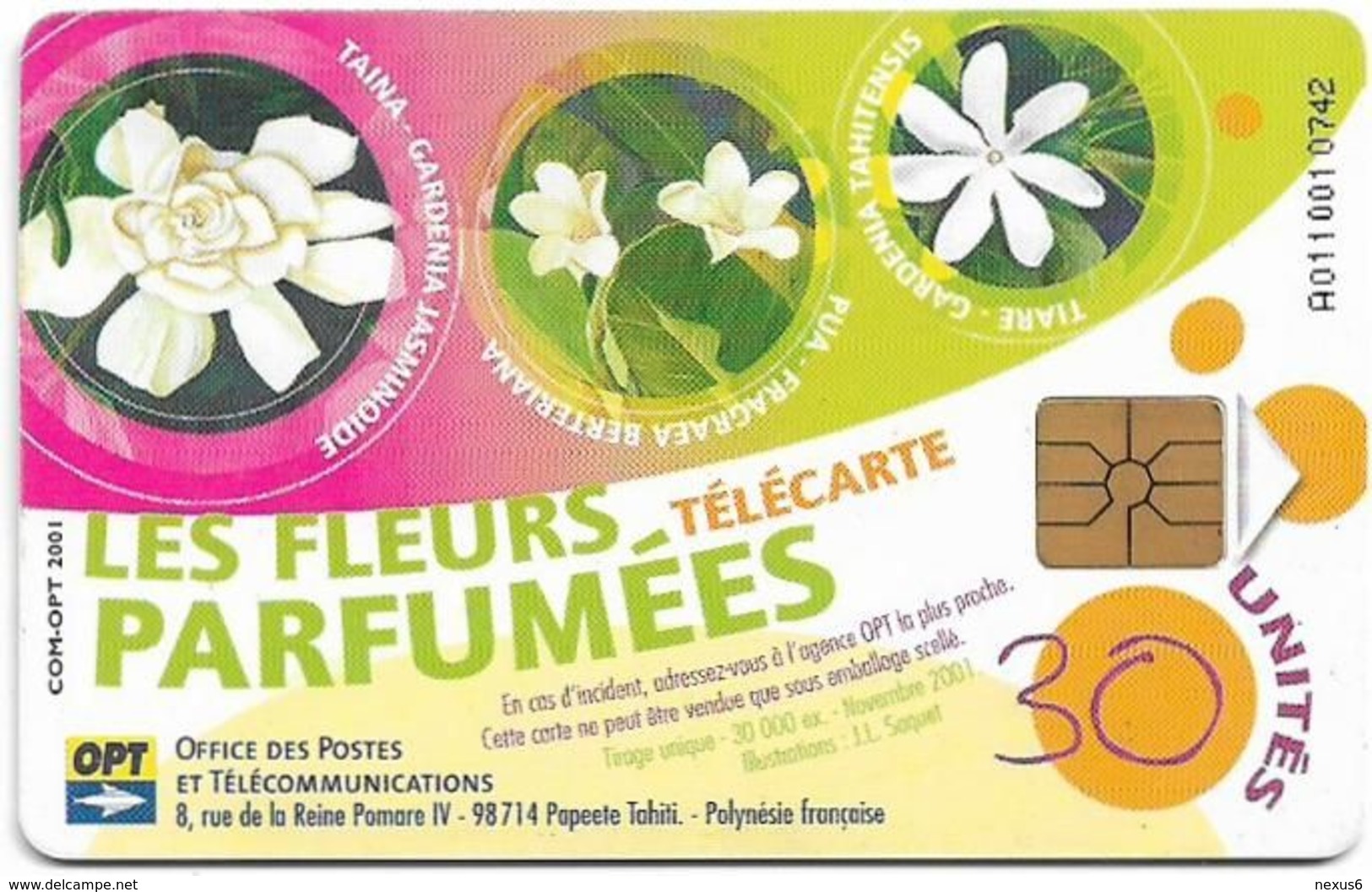 French Polynesia - OPT - Tiare - Gardenia Tahitensis Flower, 11.2001, 30Units, 30.000ex, Used - Polynésie Française