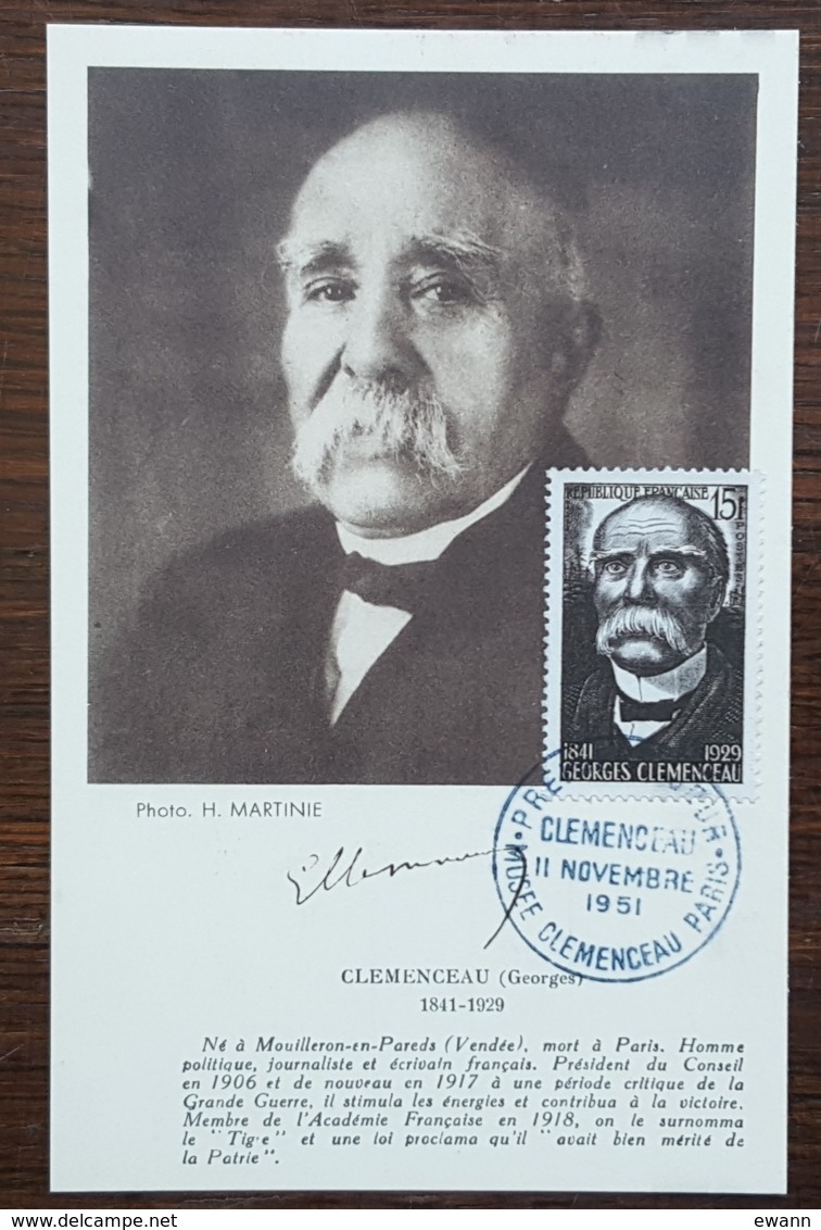 CM 1951 - YT N°918 - CLEMENCEAU - PARIS - 1950-1959