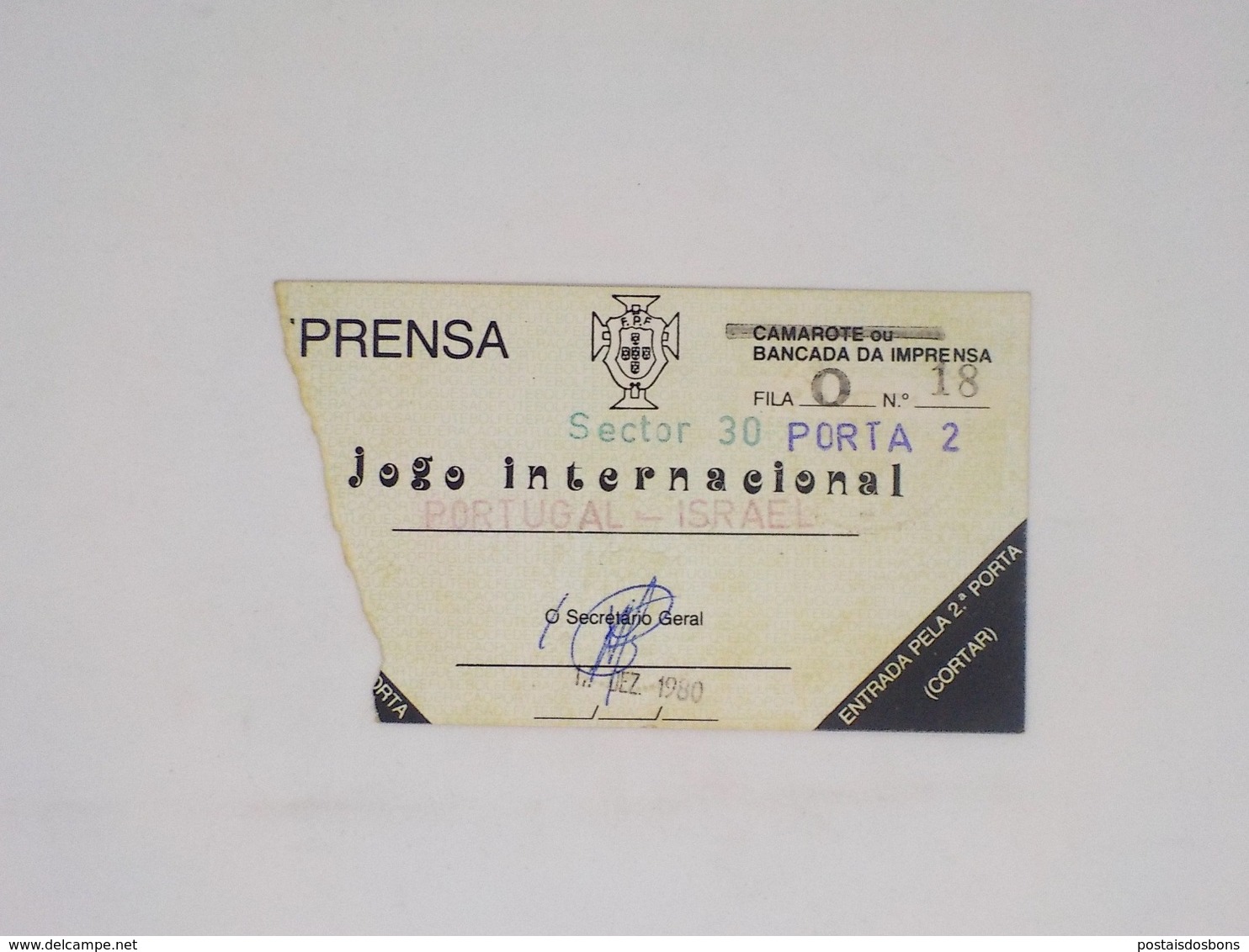 Cx13 BB 34) FOOTBALL Ticket Stub Press Card FIFA World Cup ISRAEL - PORTUGAL (4-1) 28.10.1980 6,5x11cm - Autres & Non Classés