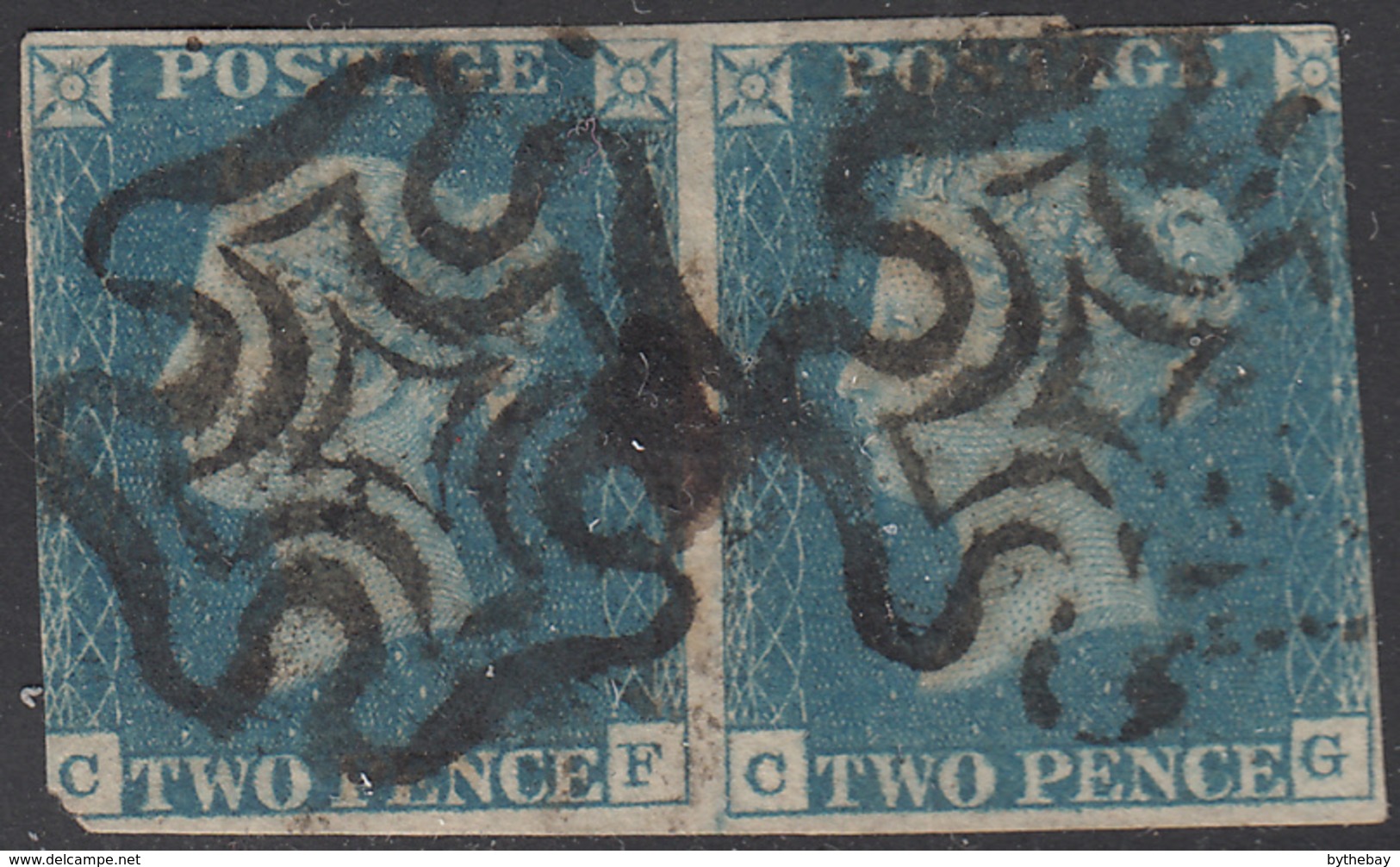 Great Britain 1840 Used Sc #2 2p Victoria, Blue Pair Position CF, CG - Usati