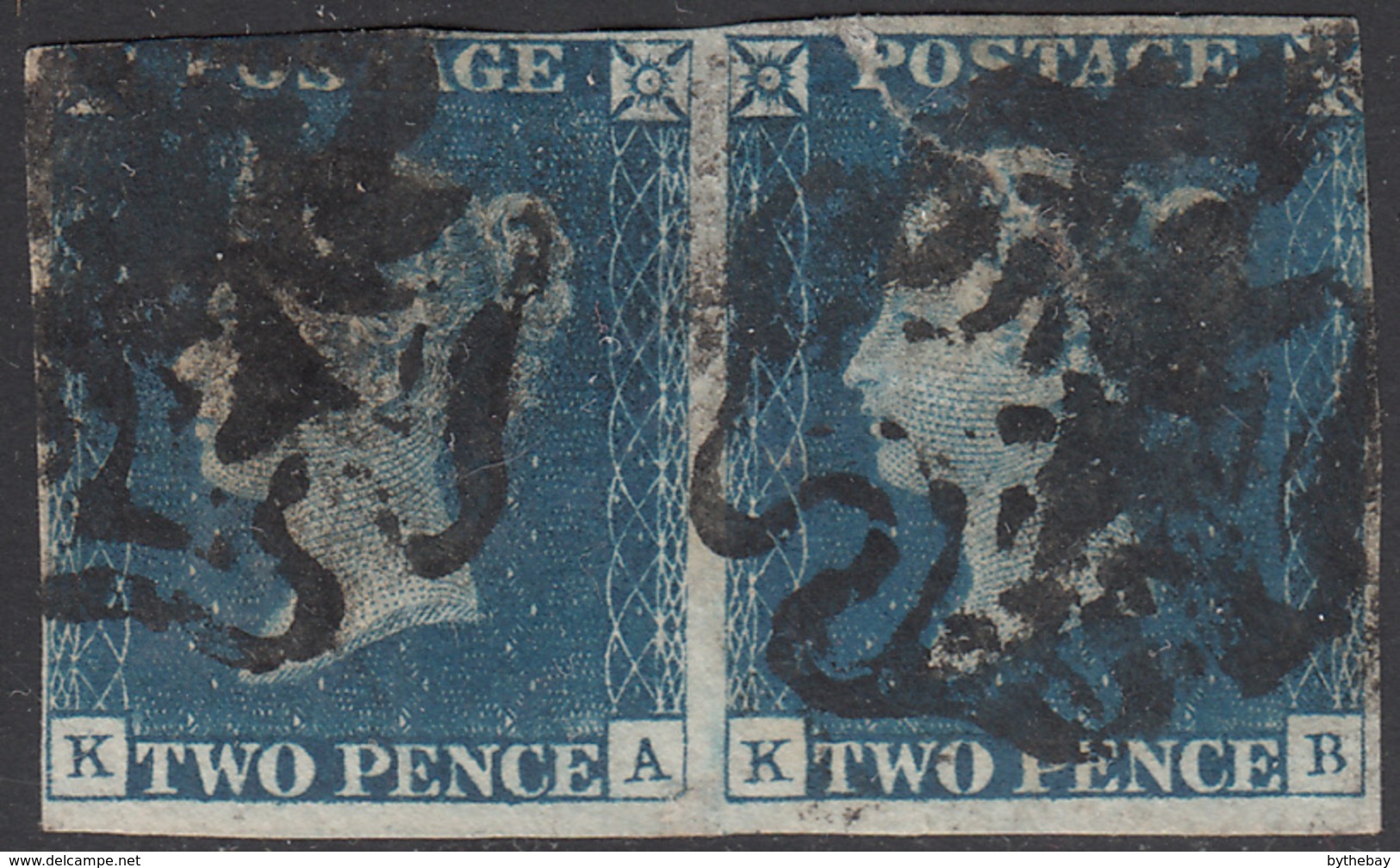 Great Britain 1840 Used Sc #2 2p Victoria, Blue Pair Position KA, KB Tear - Usados