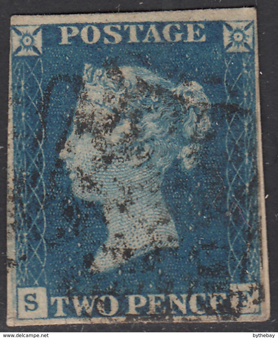 Great Britain 1840 Used Sc #2 2p Victoria, Blue Position SF On Piece - Gebraucht