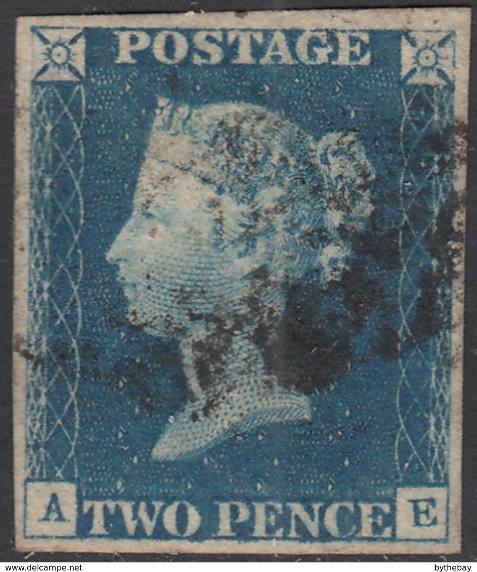 Great Britain 1840 Used Sc #2 2p Victoria, Blue Position AE 4 Margins - Gebruikt