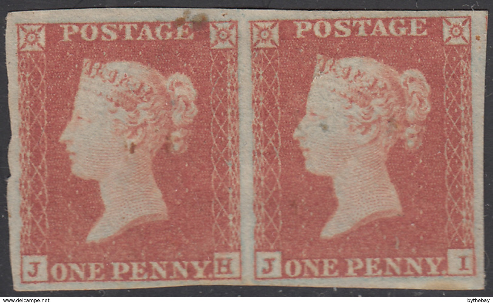Great Britain 1841 MH Sc #3 1p Victoria, Red Brown Pair Position JH, JI 4 Margins - Ongebruikt