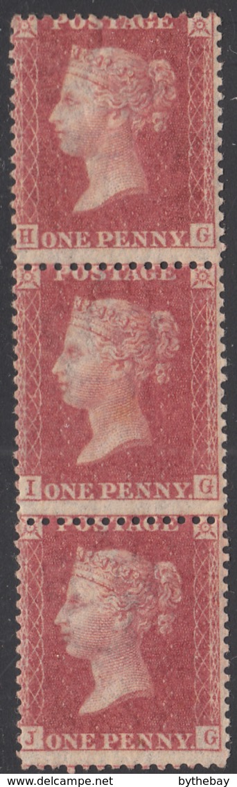 Great Britain 1857 MH Sc #20 1p Victoria, Red Brown Perf 14 Vertical Strip Of 3 - Unused Stamps