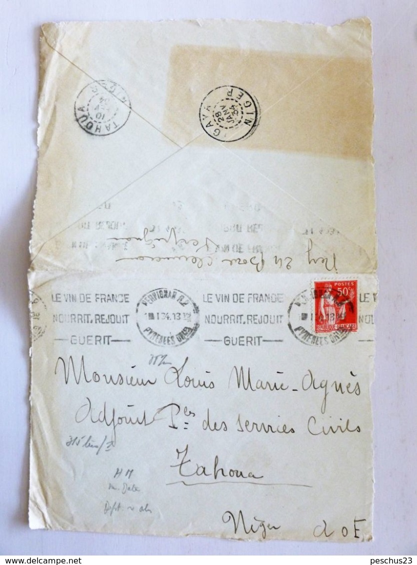 FRANCE > NIGER, 1934 // Lettre, PERPIGNAN > TAHOUA / Affr.: 50c PAIX Seul - Flamme / Cachets GAYA + TAHOUA Au Verso - Lettres & Documents