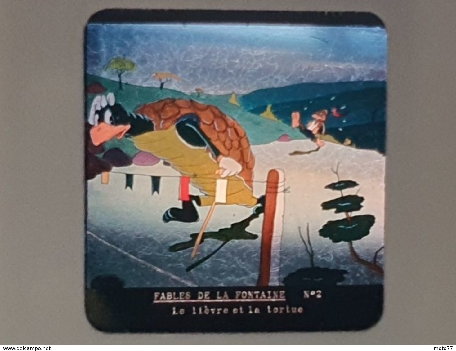 Rare 2 STÉRÉOCARTES - Vues en  RELIEF et en COULEUR pour Boitier lumineux stéréoscopique - Fables de La Fontaine - 1963