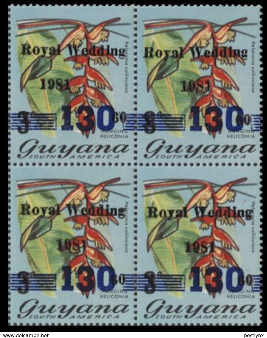 GUYANA 1982 Flowers Diana Wedding Hanging Heliconia 130/60/3c OVPT.4-BLOCK - Guyana (1966-...)