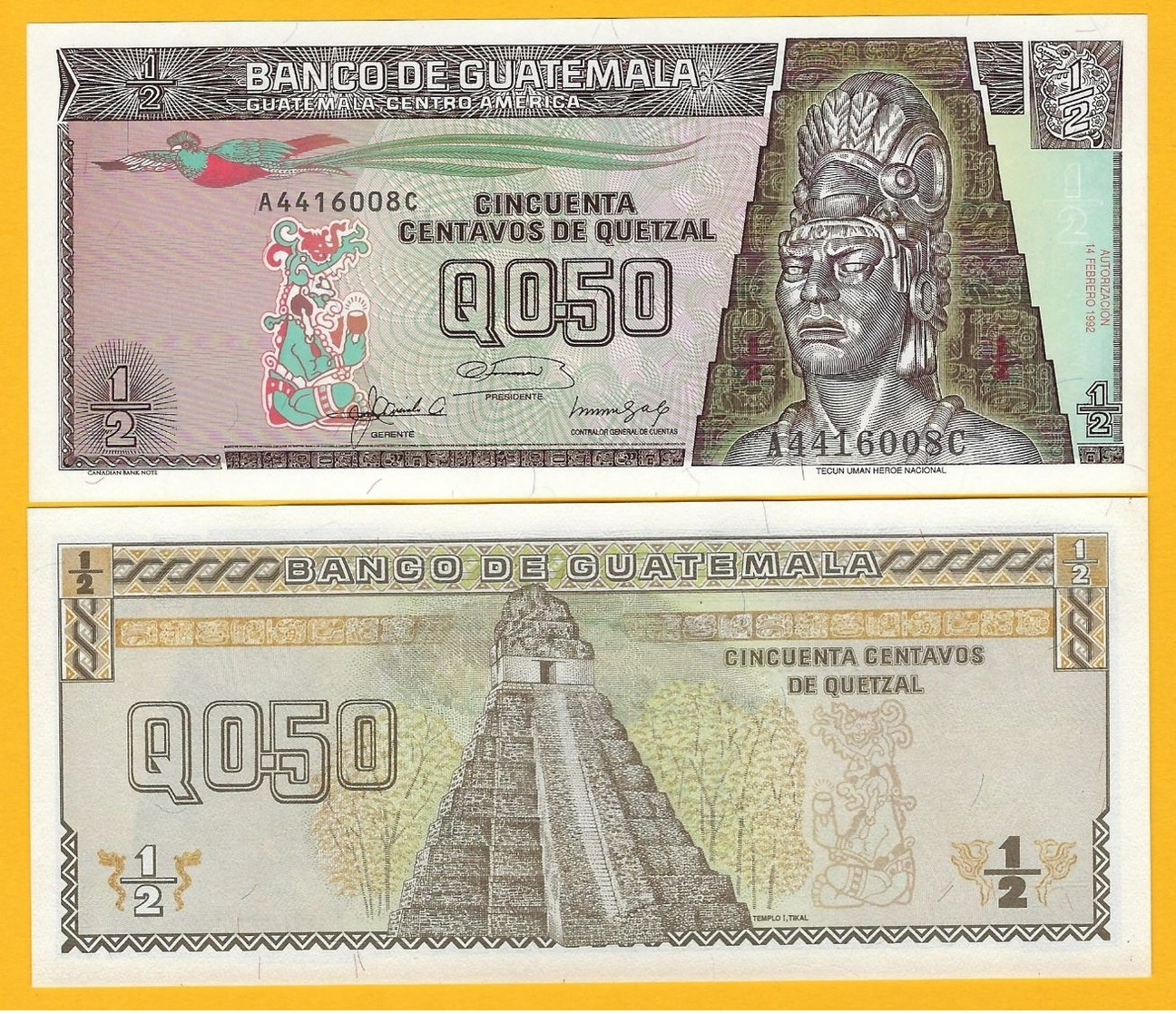 Guatemala 1/2 (half) Quetzal P-72b 1992 UNC Banknote - Guatemala