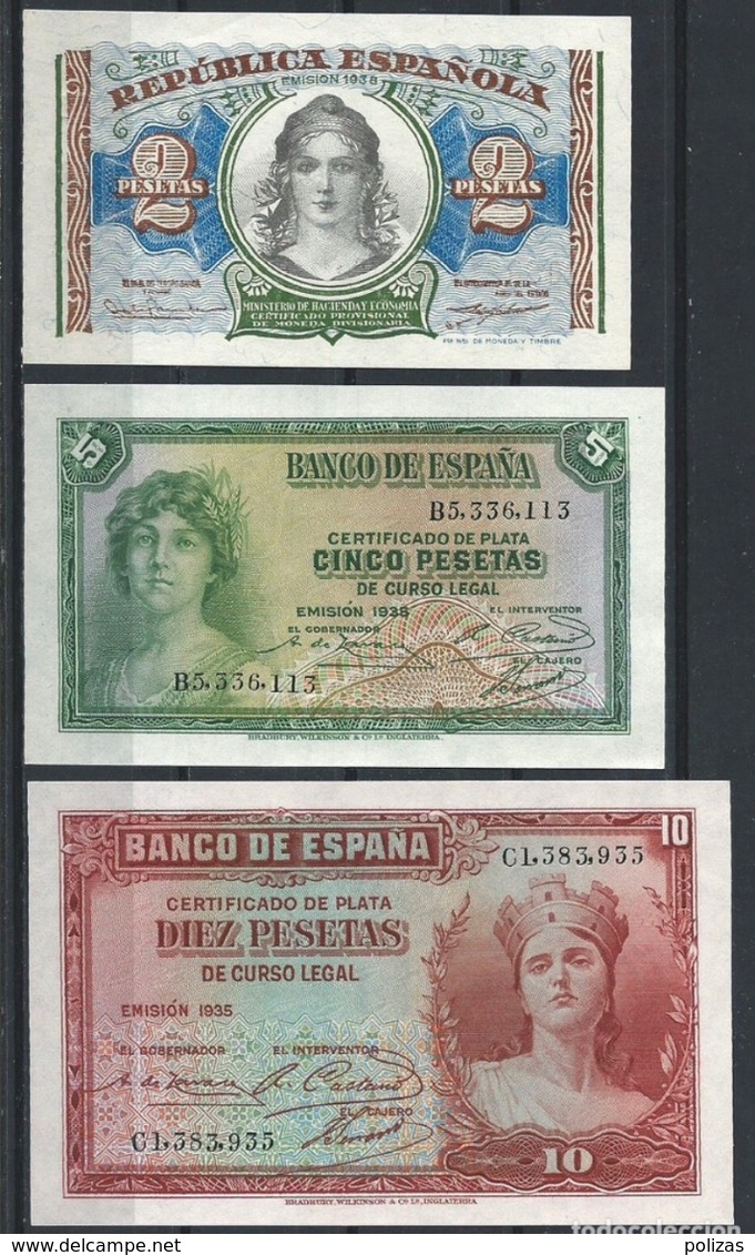 Spain España Espagne Lote 2.5.10 Pesetas 1935 / 1938. Unc SC - 5 Peseten