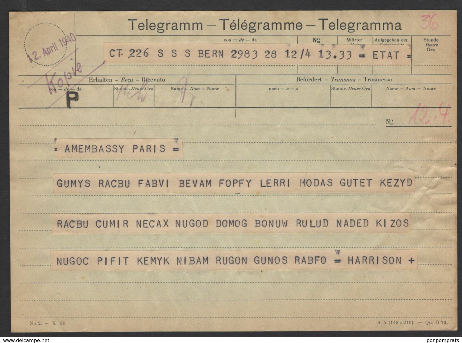 Second World War: Code Telegram From The British Legation In Bern For AMEMBASSY PARIS Avril 1940 - Documenti Storici