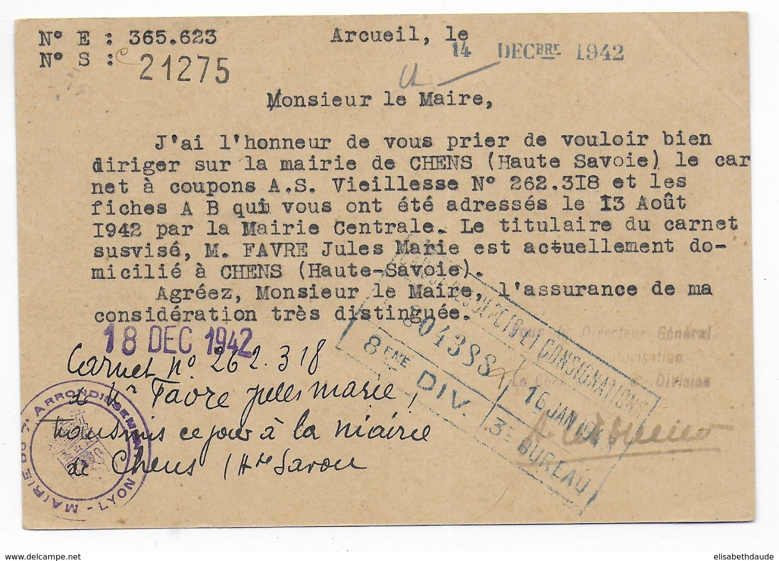 1942 - PSEUDO ENTIER OFFICIEL De SERVICE De L'ETAT FRANCAIS Avec REPIQUAGE CAISSE DEPOTS ET CONSIGNATIONS ARCUEIL !! - Pseudo-officiële  Postwaardestukken