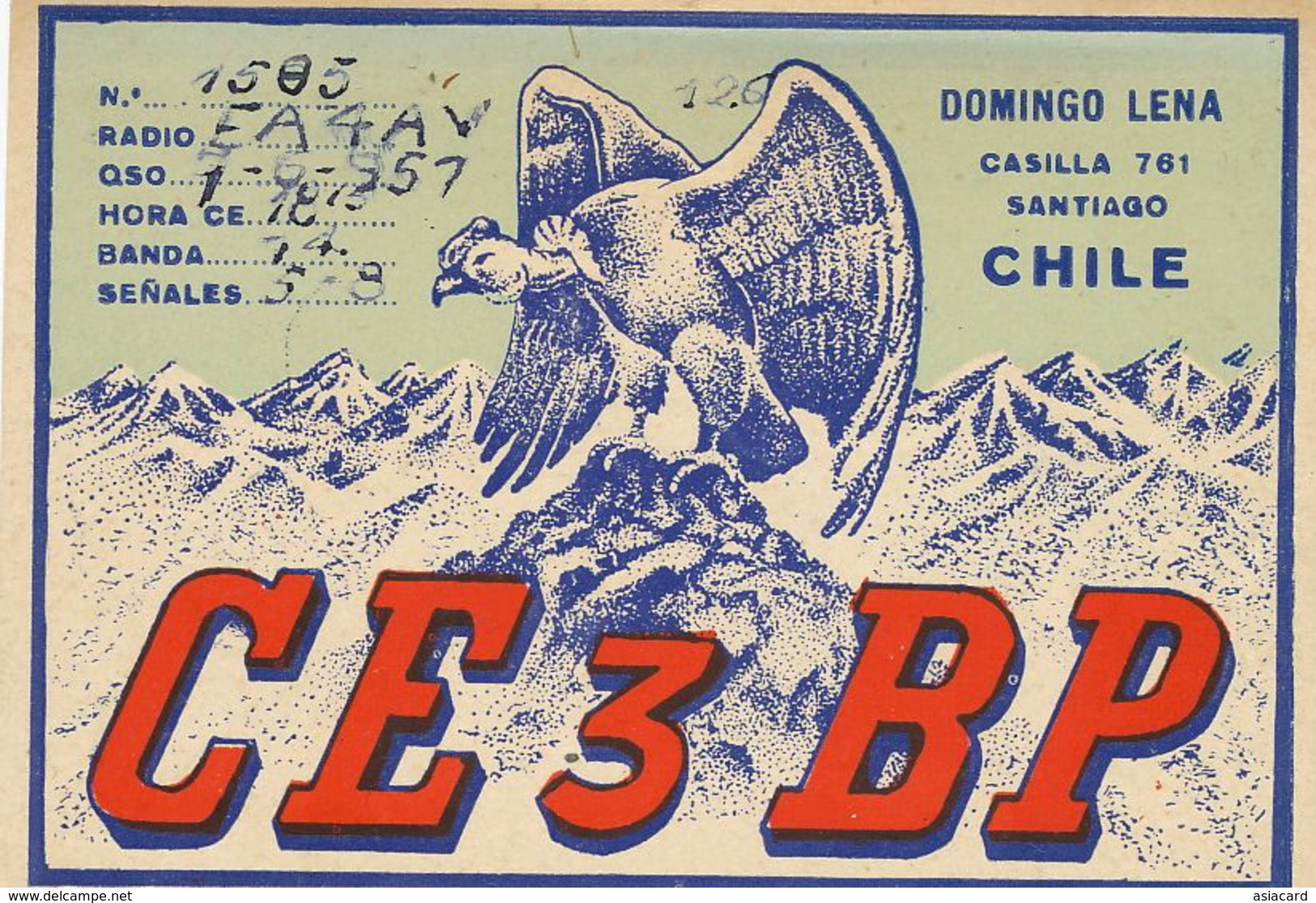 Radio Card  QSL Domingo Lena Santiago CE 3 BP.  Andes . Aigle Eagle . Condor . - Chili