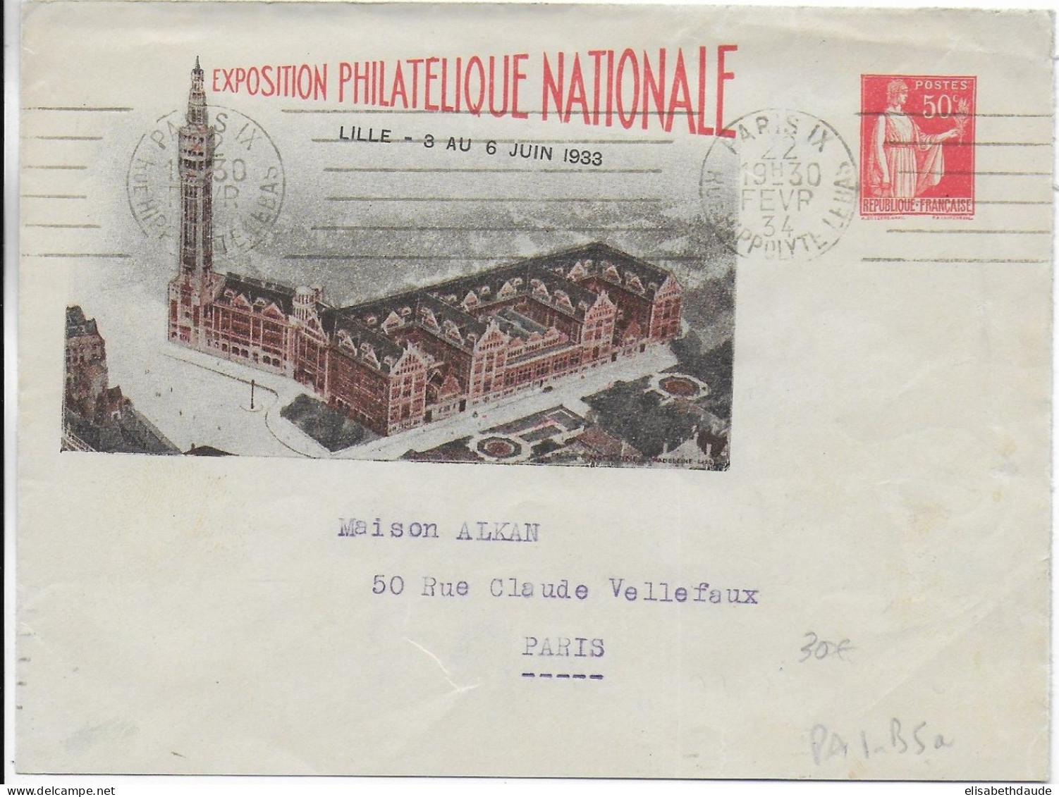 1934 - ENVELOPPE ENTIER POSTAL PAIX TSC ILLUSTREE EXPO NATIONALE De LILLE => PARIS - Standaardomslagen En TSC (Voor 1995)