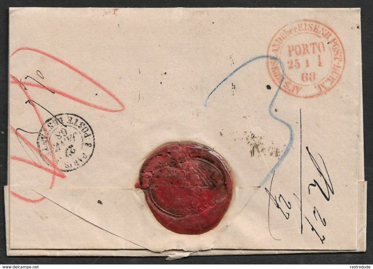 1868 (2 4 Jan )LAC VARSOVIE POLOGNE A PARIS - BANQUE DE POLOGNE A ROTHSCHILD - AUS RUSSLAND EISENB.POST - POSTE RESTANTE - ...-1860 Prefilatelia