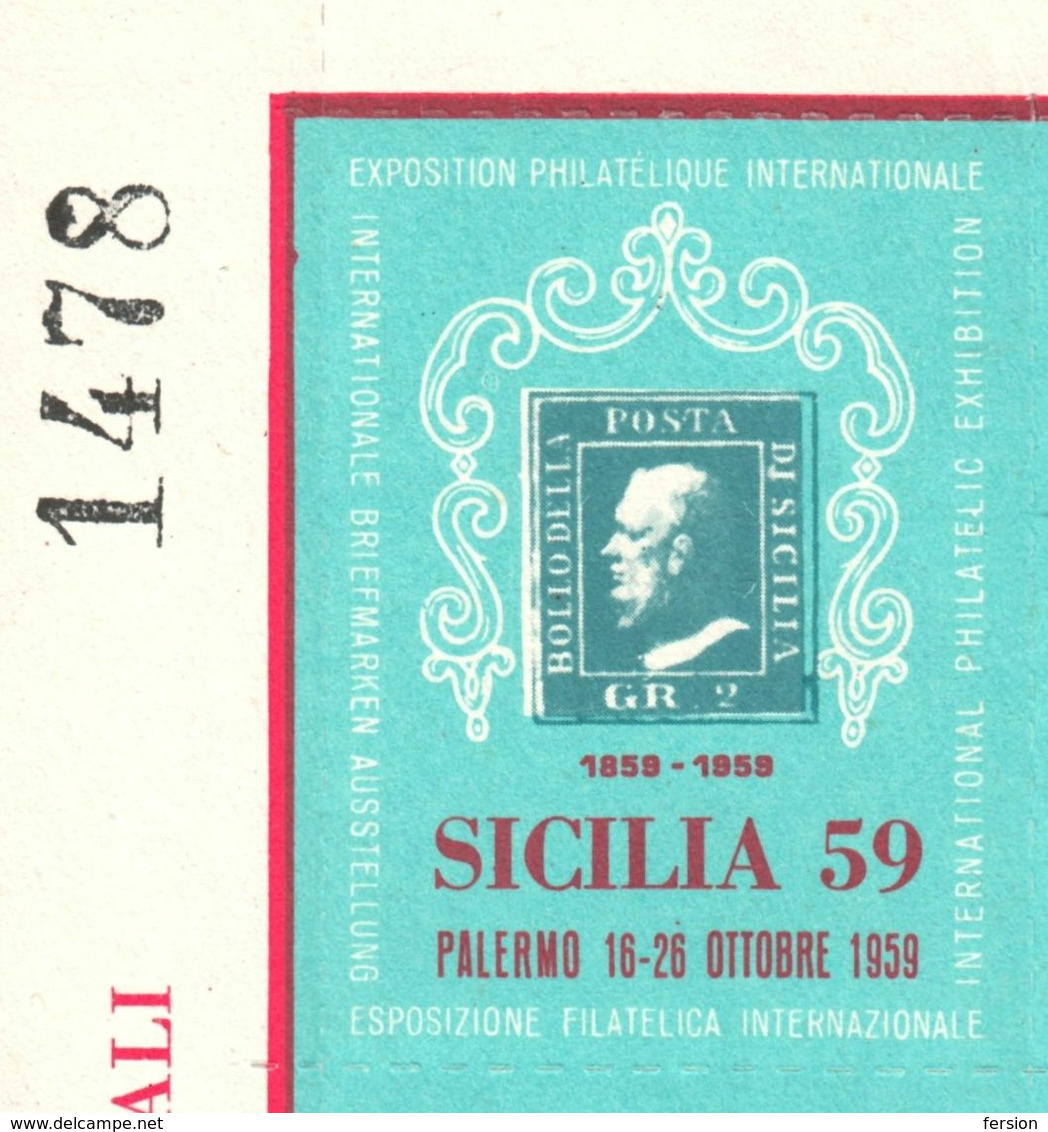 1959 Italy - Philatelist Memorial Sheet / Stamp On Stamp - Philatelic Exhibition - Sicilia - Stamps On Stamps