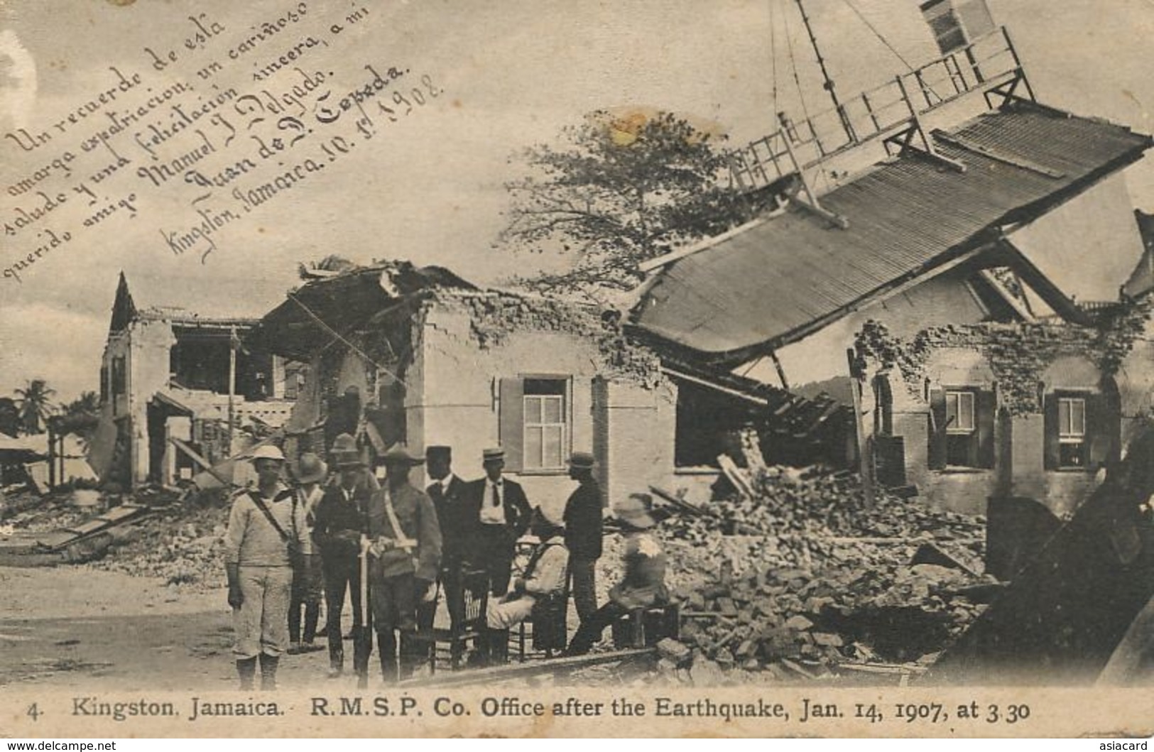 Kingston RMSP Co Office After The Earthquake . Terremoto. Jan. 14 , 1907 3h.30 Radio TSF - Jamaïque