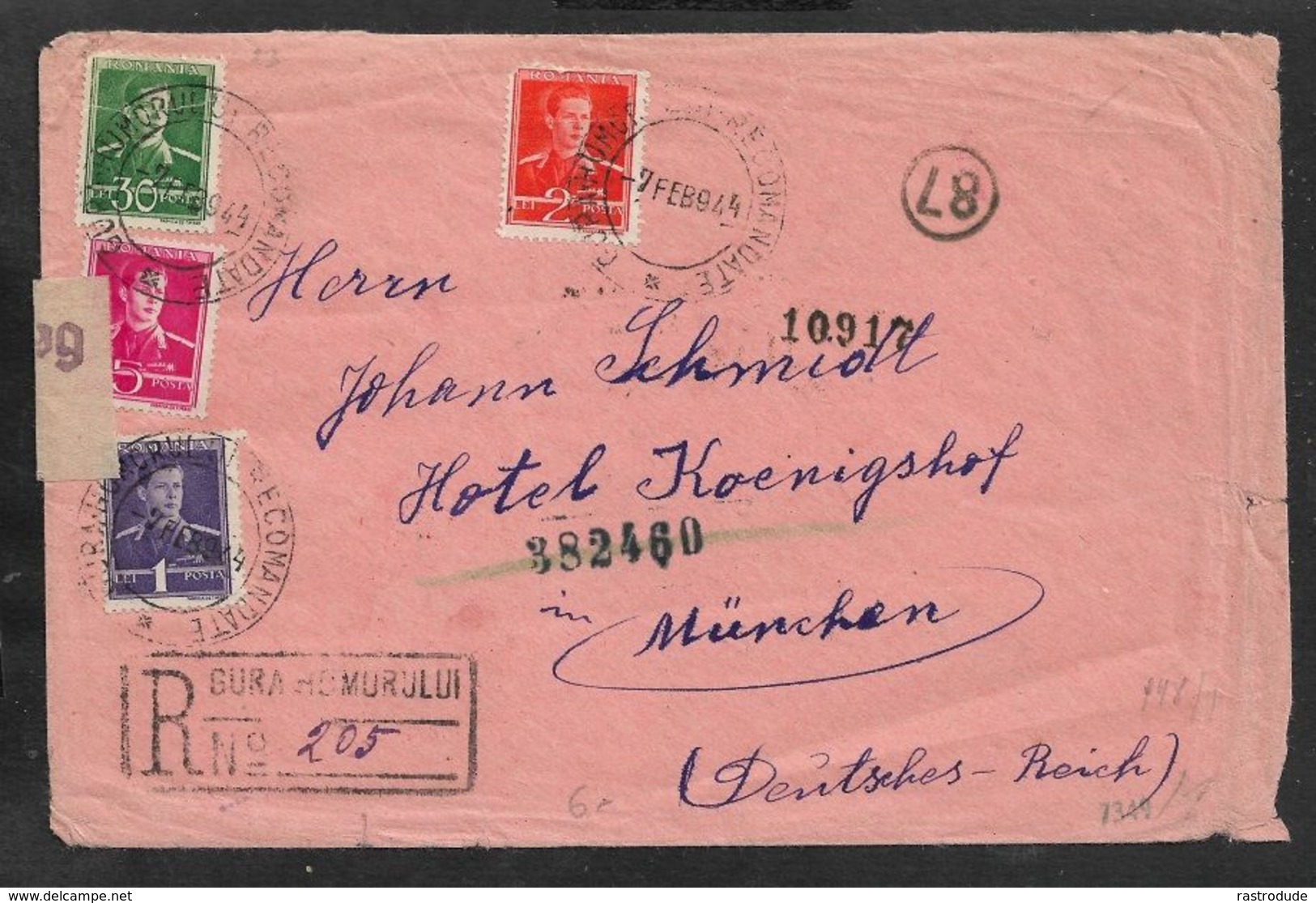 1944 RUMÄNIEN ROMANIA -  R-Brief / Reg - GURA HUMORULUI - BUCOVINA - ZENZURAT N MÜNCHEN + OKW Strip - Storia Postale Seconda Guerra Mondiale