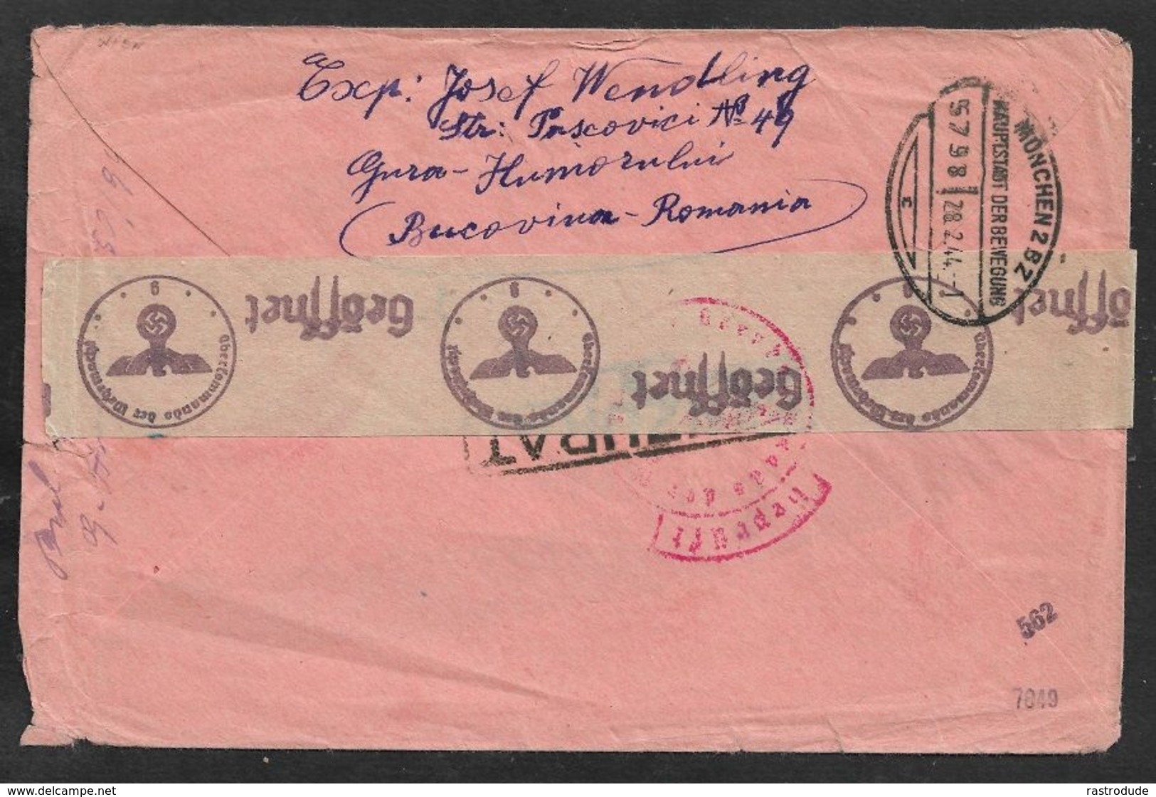 1944 RUMÄNIEN ROMANIA -  R-Brief / Reg - GURA HUMORULUI - BUCOVINA - ZENZURAT N MÜNCHEN + OKW Strip - World War 2 Letters