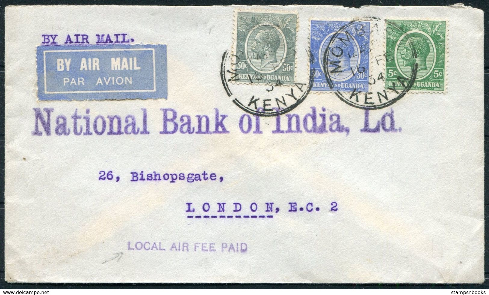 1934 Kenya Bank Of India Airmail Cover Mombassa - London. Wilson Airways - Nairobi Feeder Flight, "Local Air Fee Paid" - Kenya & Ouganda