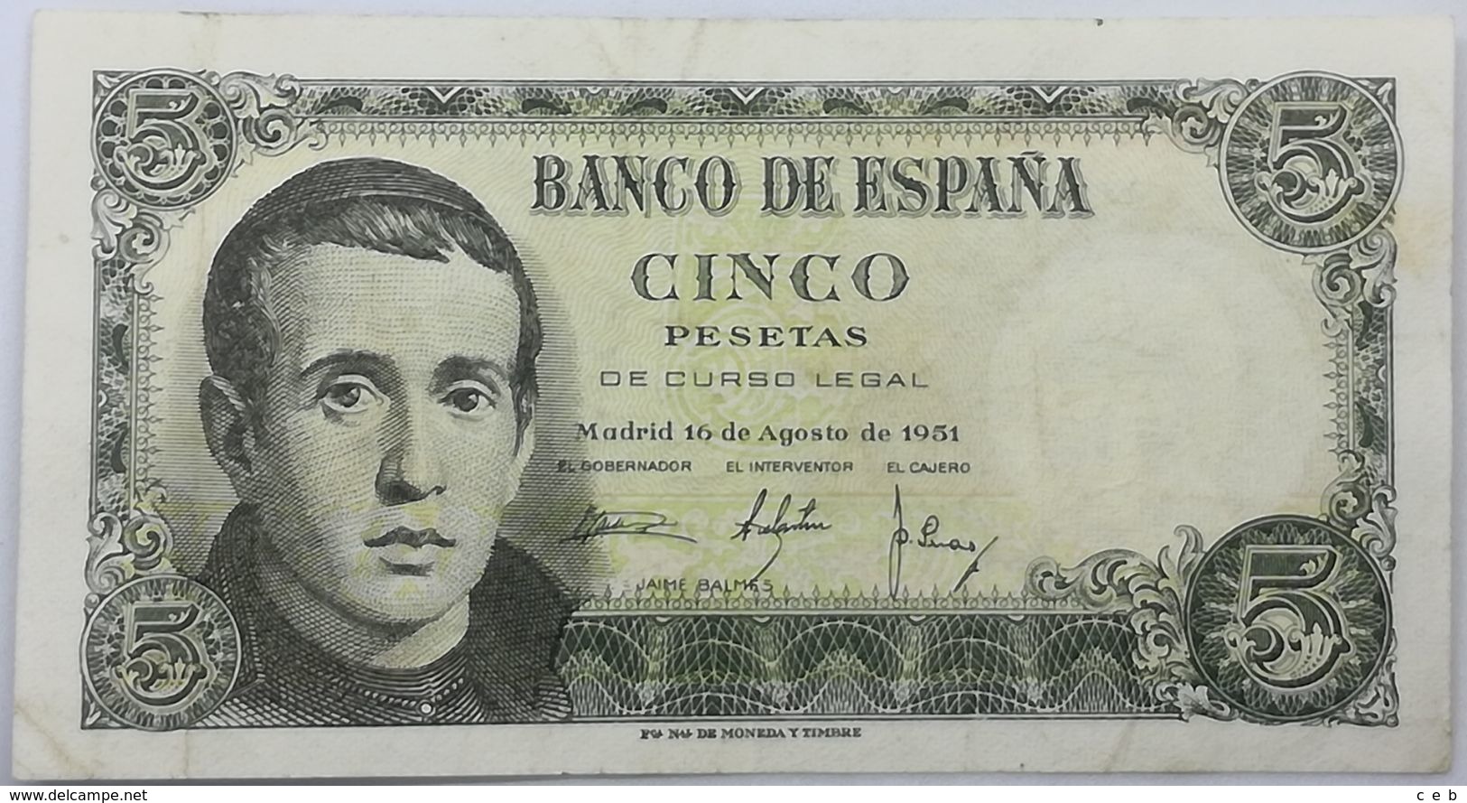 Billete 1951. 5 Pesetas. Jaime Balmes. Vich, Vic, Osona, Barcelona, Cataluña, Estado Español. General Francisco Franco. - 5 Pesetas