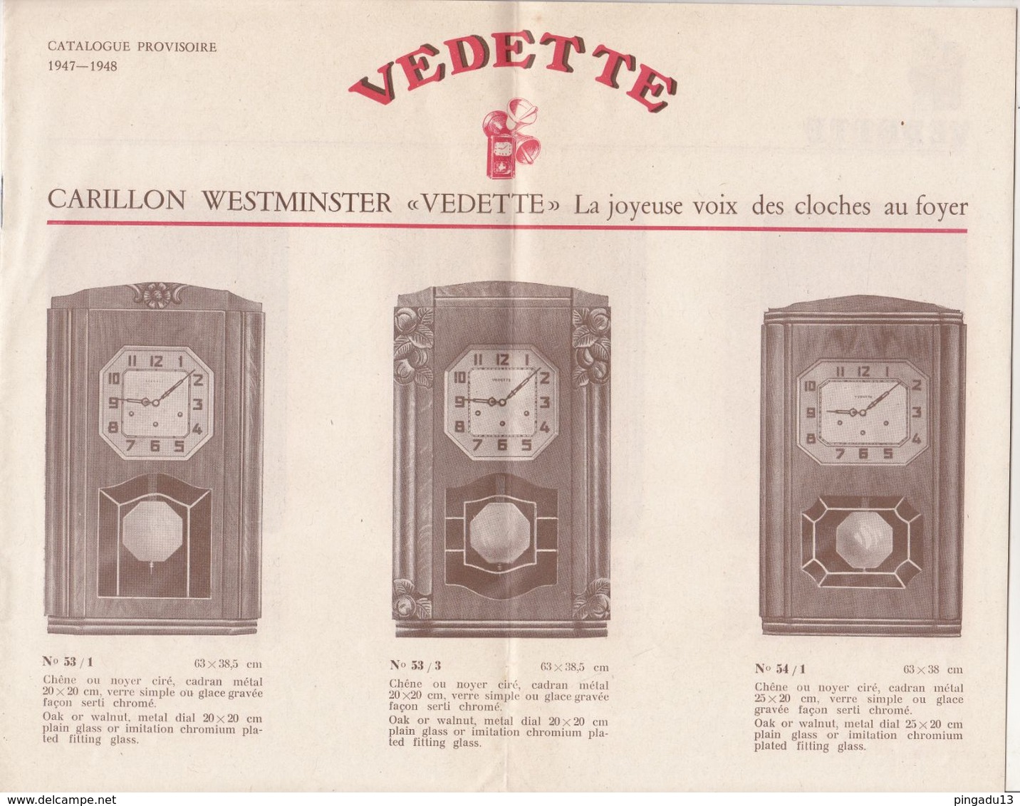 Au Plus Rapide Catalogue Pendule Carillon Vedette Année1947-1948 - Advertising