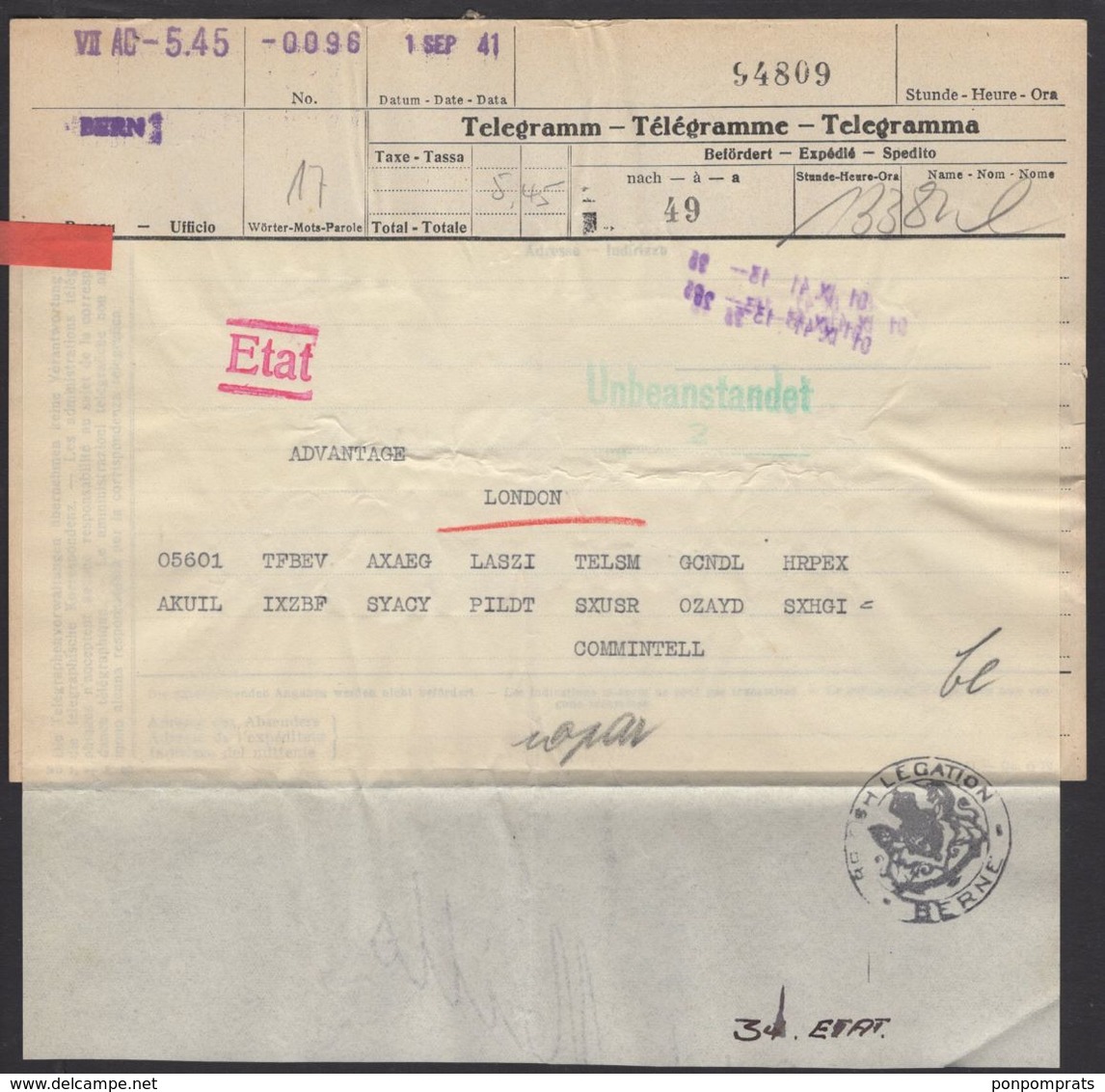 Second World War: Code Telegram From The British Legation In Bern For ADVANTAGE LONDON Sept 1941 - Documenti Storici