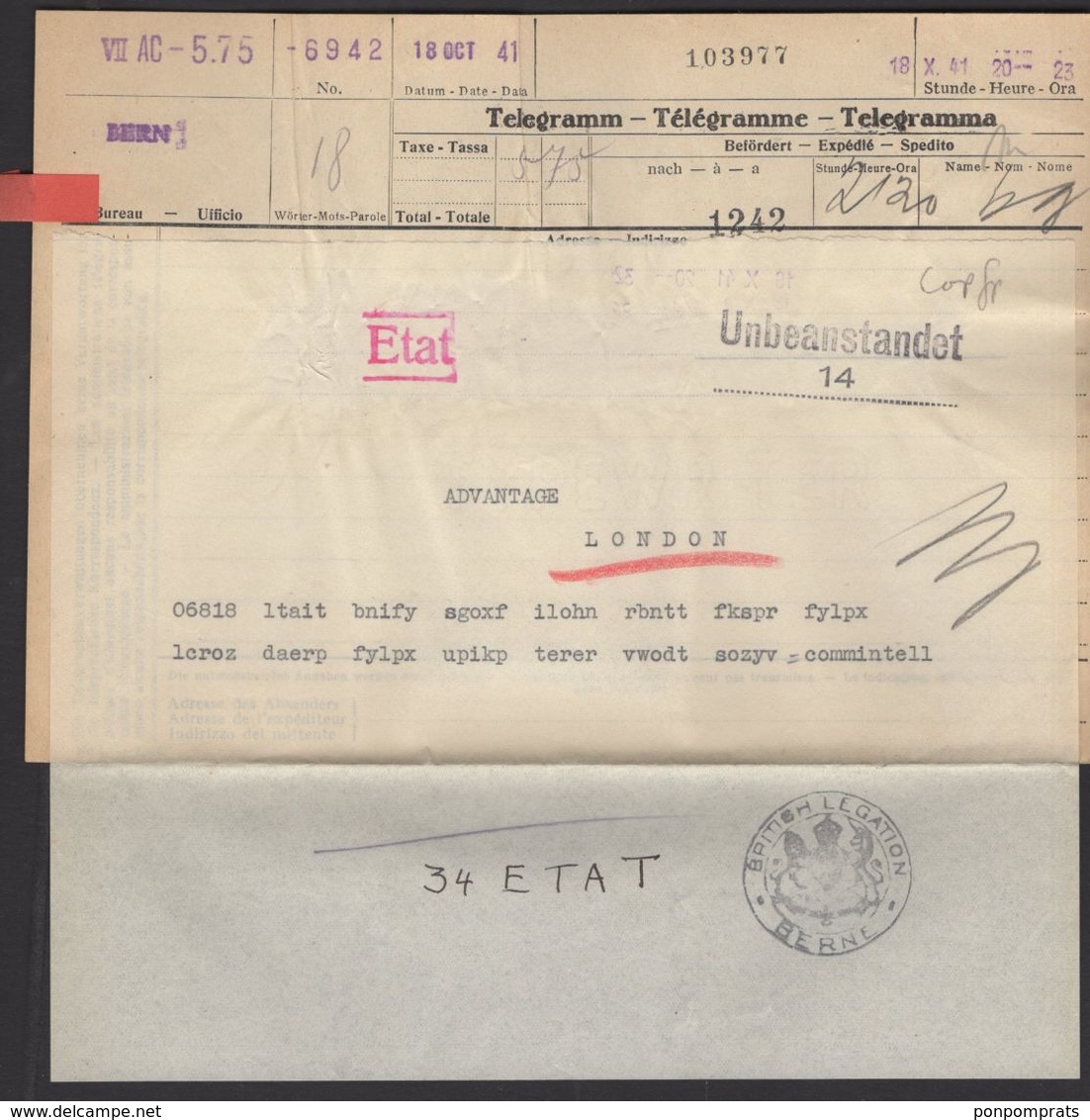 Second World War: Code Telegram From The British Legation In Bern For ADVANTAGE LONDON Sept 1941 - Documenti Storici