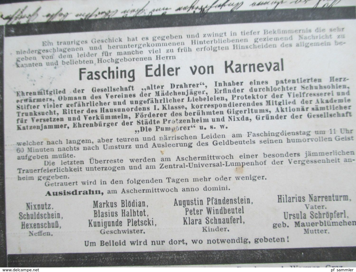 Österreich 1905 Todesanzeige Als AK Fasching Edler Von Karneval Ehrenmitglied Der Gesellschaft Alter Drahrer Graz - Personnages