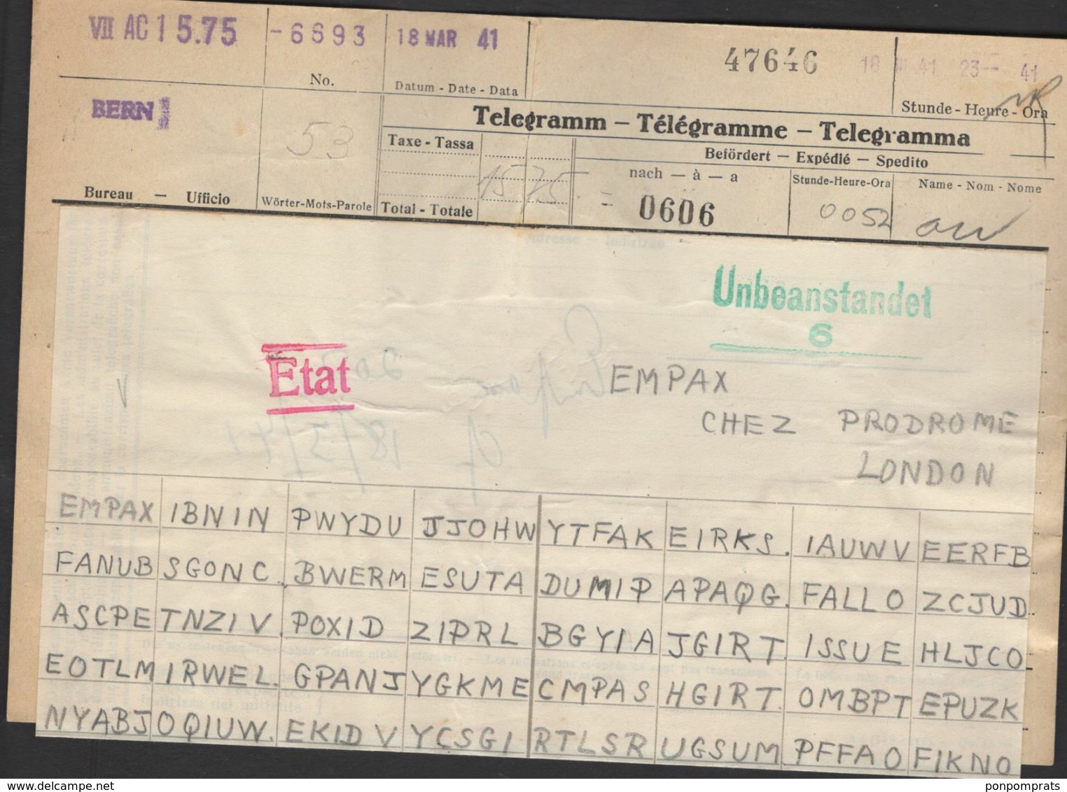 Second World War: Code Telegram From The British Legation In Bern For PRODROME LONDON Mars 1941 - Historical Documents