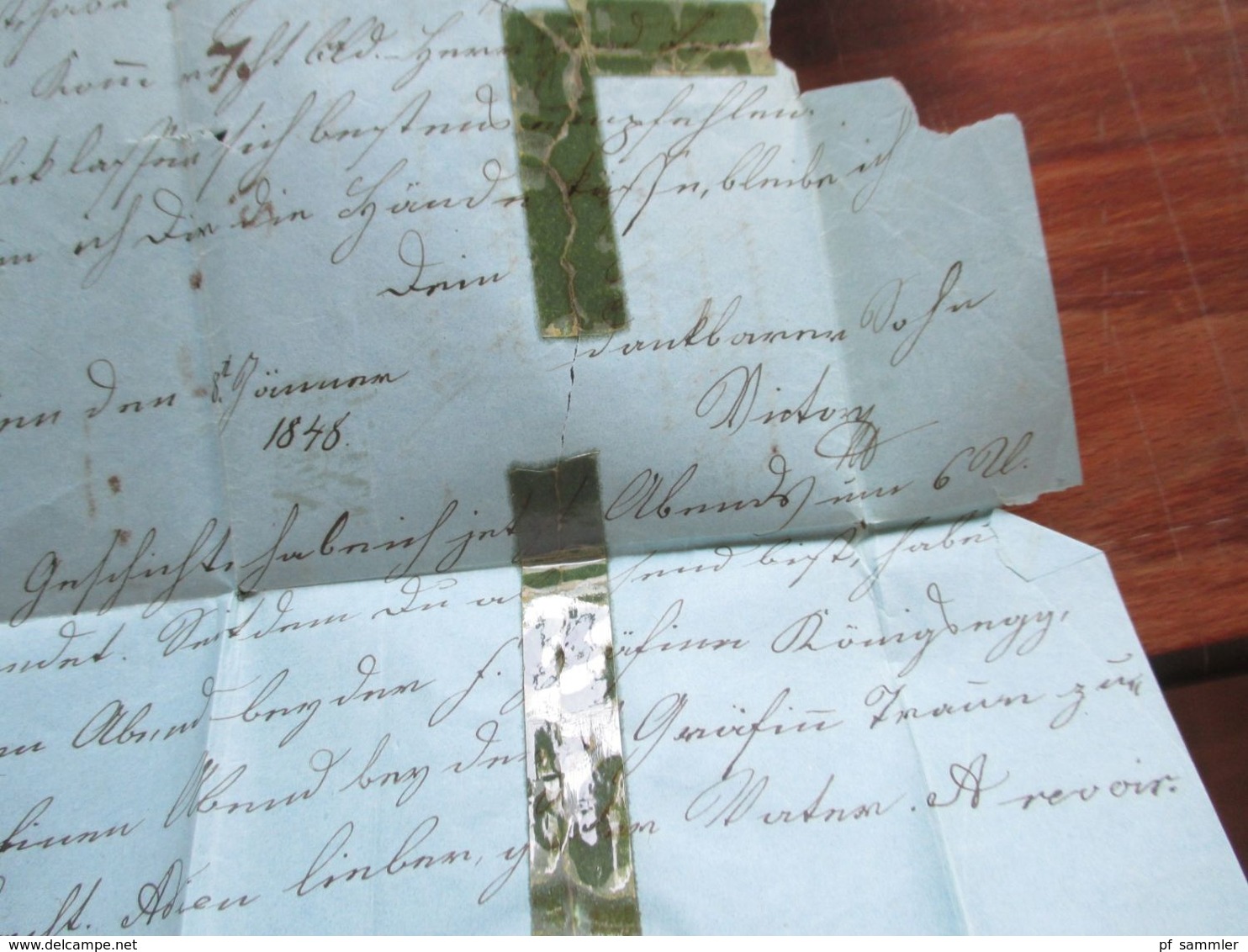 Österreich 8.1.1848 Faltbrief mit viel Inhalt und einigen Stempeln u.a. Fahnenstempel Vorne handschriftlich V. 12