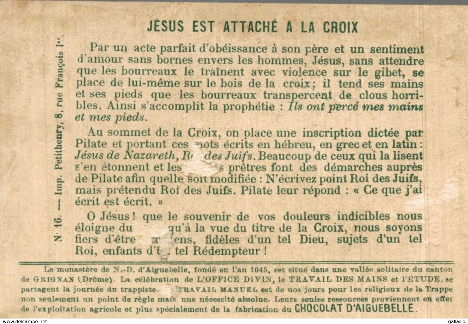 CHROMO CHOCOLAT D'AIGUEBELLE LE CRUCIFIEMENT JESUS EST ATTACHE A LA CROIX - Aiguebelle