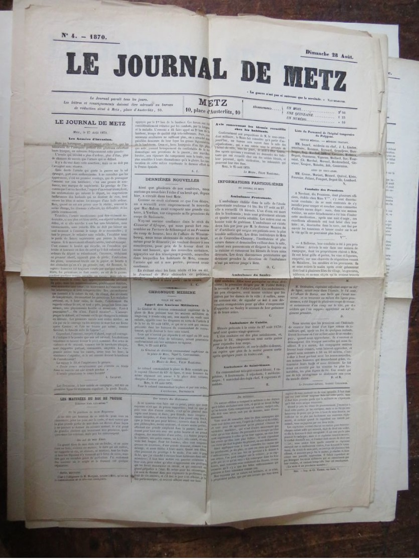 Le Journal De Metz  28 Aout 1870 1page - 1850 - 1899