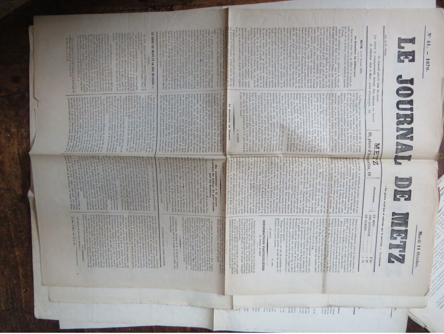 Le Journal De METZ Du 11 Oct 1870  1 Page Déchirure  Sans Manque - 1850 - 1899