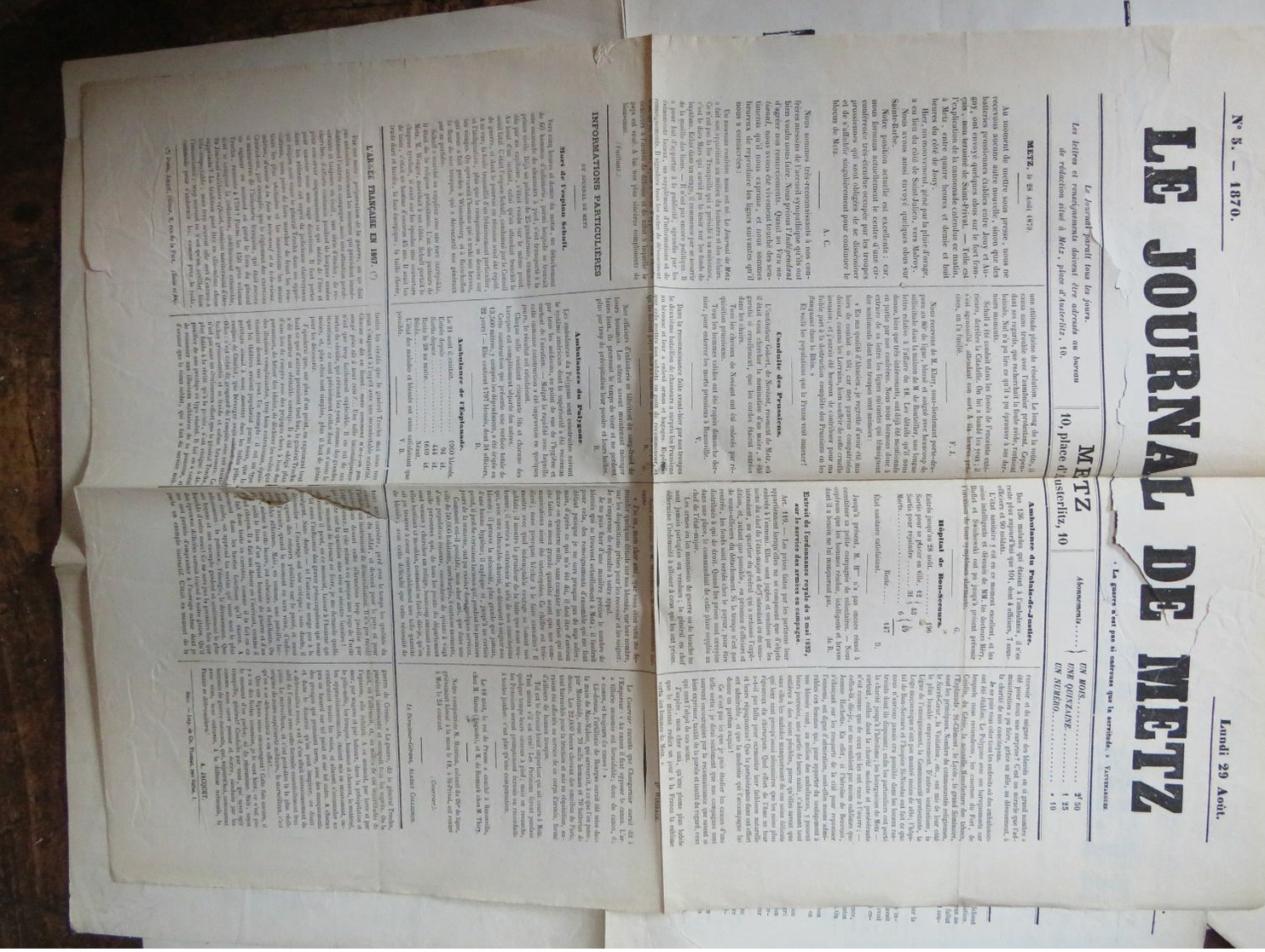 Le Journal De METZ Du 29 Aout  1870  1 Page Déchirure  Sans Manque - 1850 - 1899