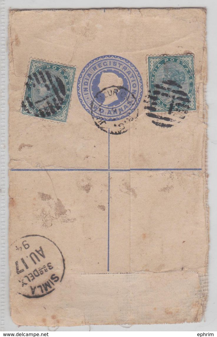 JULLUNDUR Jalandhar To Simla British India Raj QV Registered Postal Stationery Entier Postal Recommandé Inde Britannique - 1882-1901 Empire