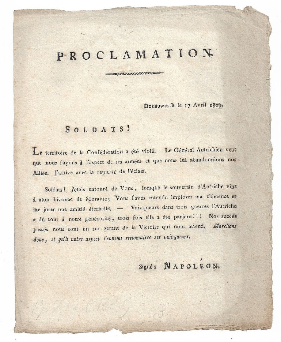 EMPIRE: Proclamation Signé Napoléon  Donauwerth Le 17 Avril1809 - Documents Historiques