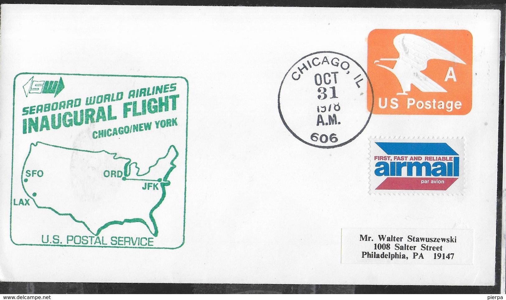 U.S.A. - SERBOARD WORLD AIRLINES INAUGURAL FLIGHT - CHICAGO- NEW YORK - OCT 31.1978 - SU BUSTA POSTALE (SC.580) - Altri & Non Classificati