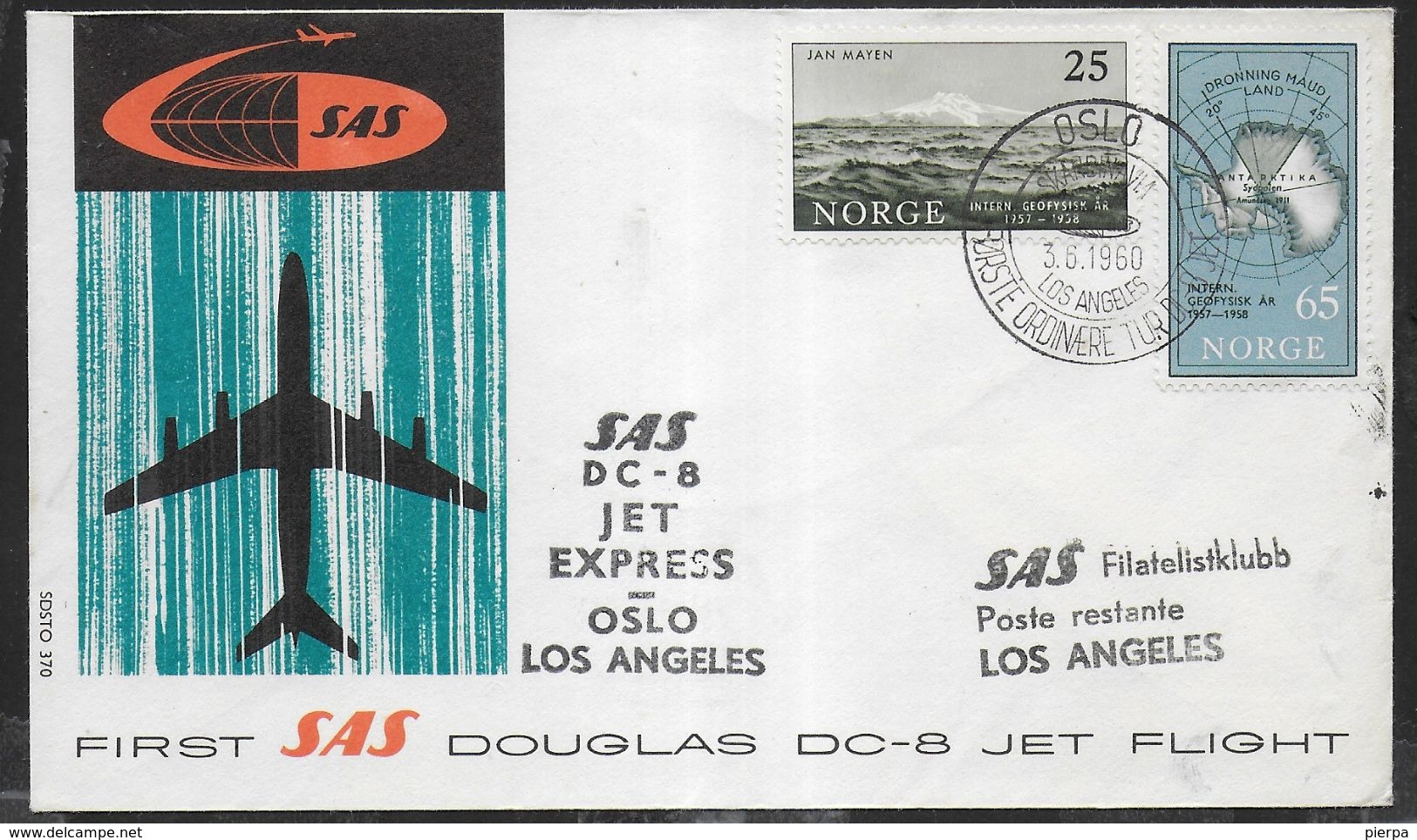 NORGE - FIRST FLIGHT SAS DC-8 OSLO-LOS ANGELES 3.6.1960 SU BUSTA UFFICIALE - Storia Postale