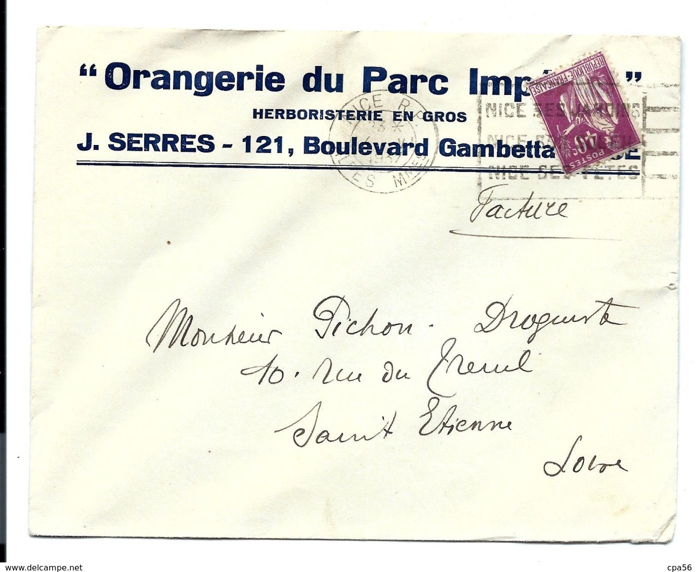 Lettre 1937 - En-tête ORANGERIE Du PARC IMPÉRIAL à NICE - HERBORISTERIE - 1932-39 Peace