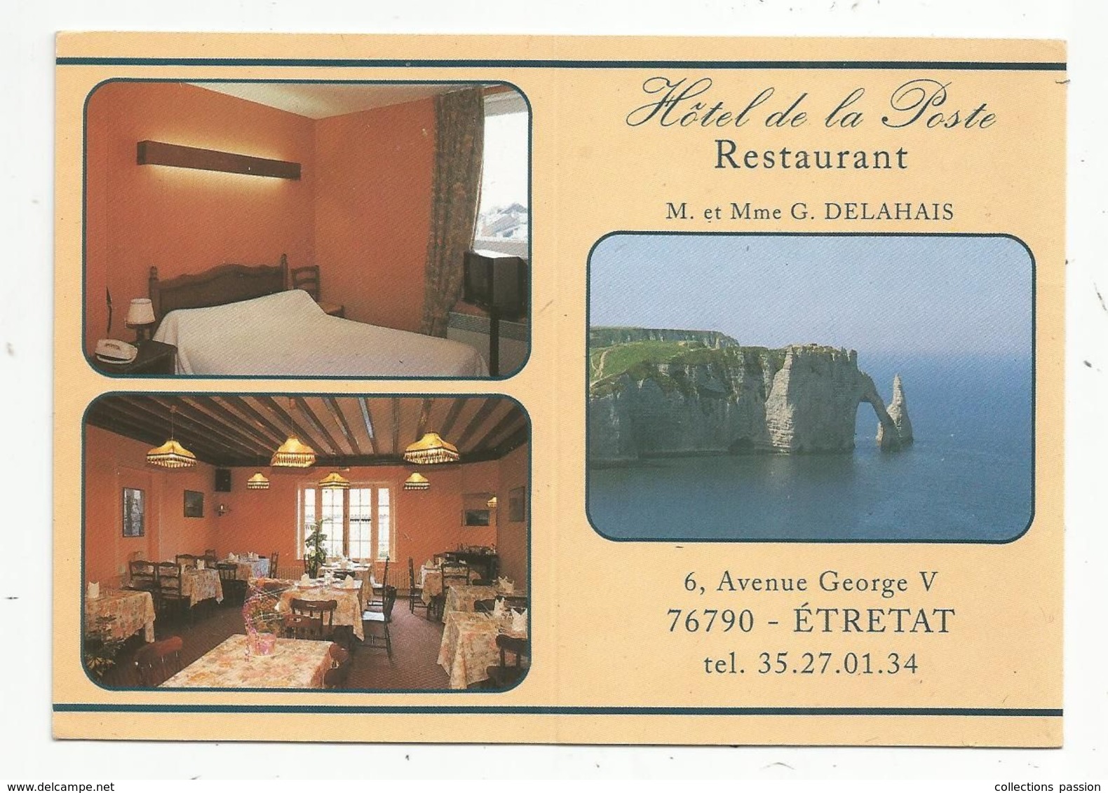 Carte De Visite Type Cp , Hôtel De La Poste , Restaurant , 76 ,ETRETAT , 2 Scans - Cartes De Visite