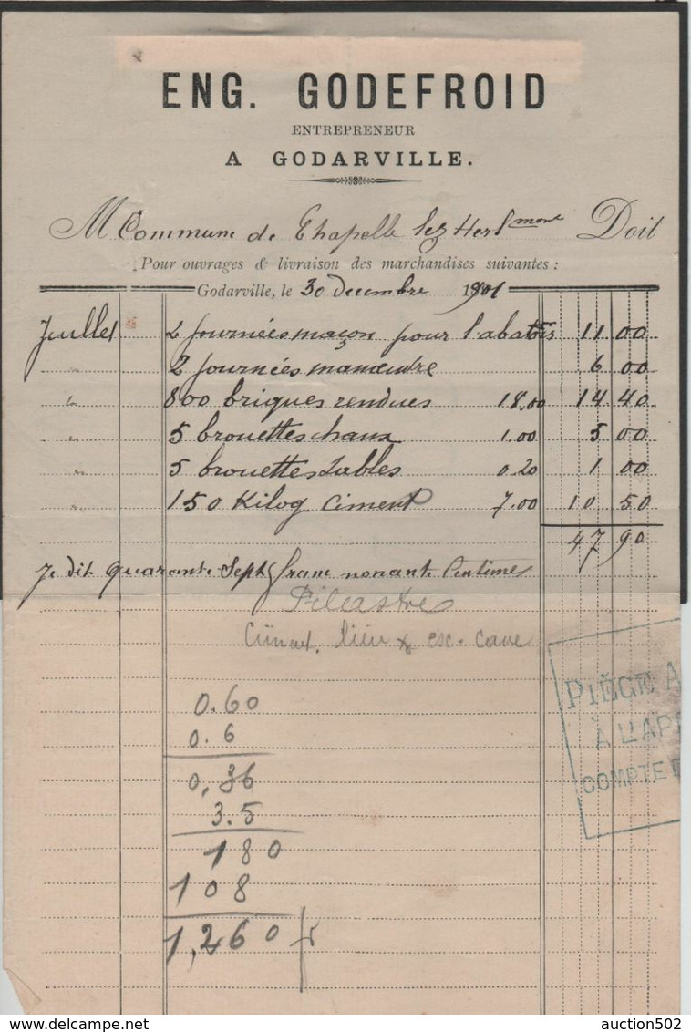 VP12/ Facture Eug.Godefroid Entrepreneur Godarville 1899 - 1800 – 1899