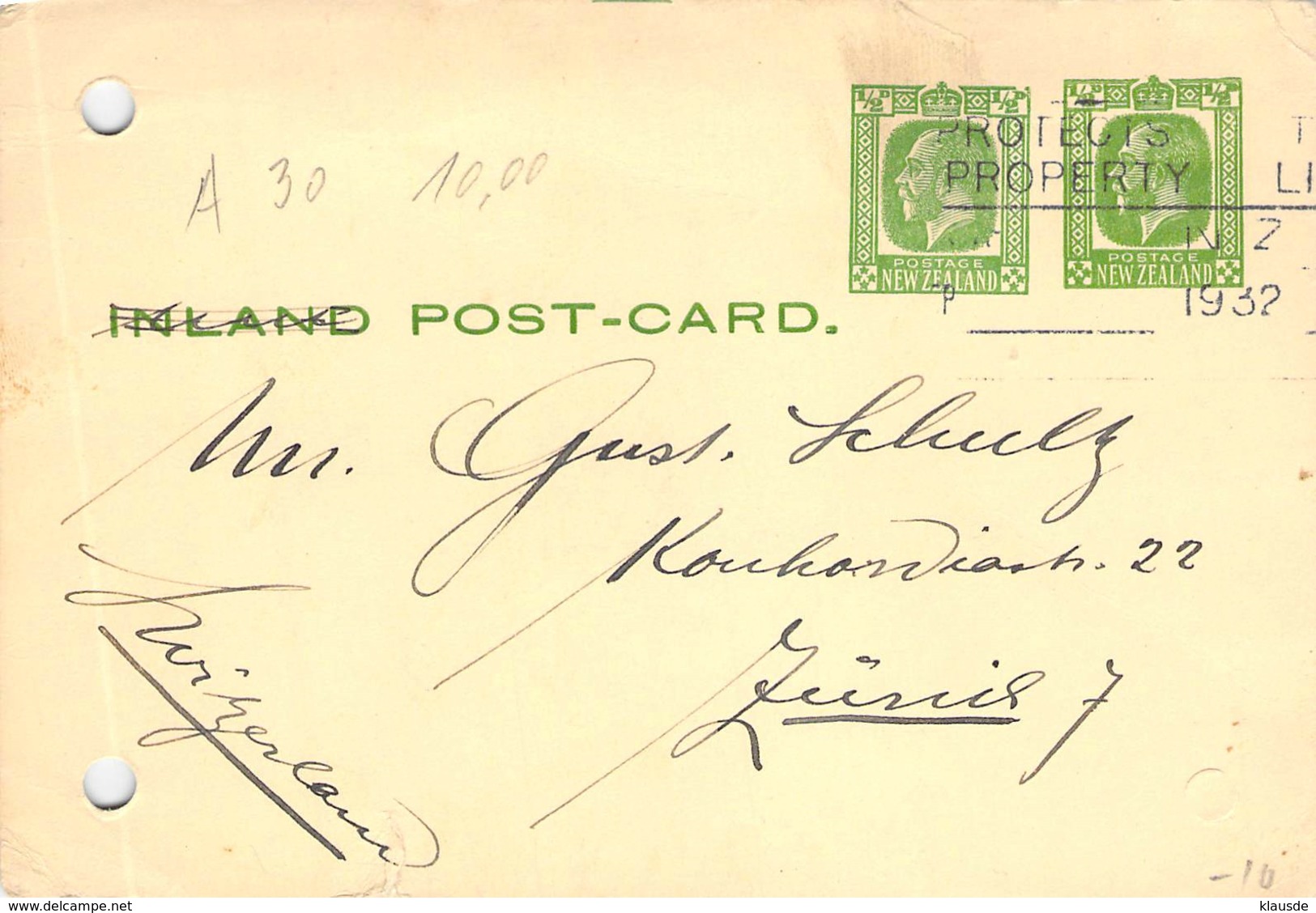 GS ?? New Zealand - Zürich 1932 - Entiers Postaux